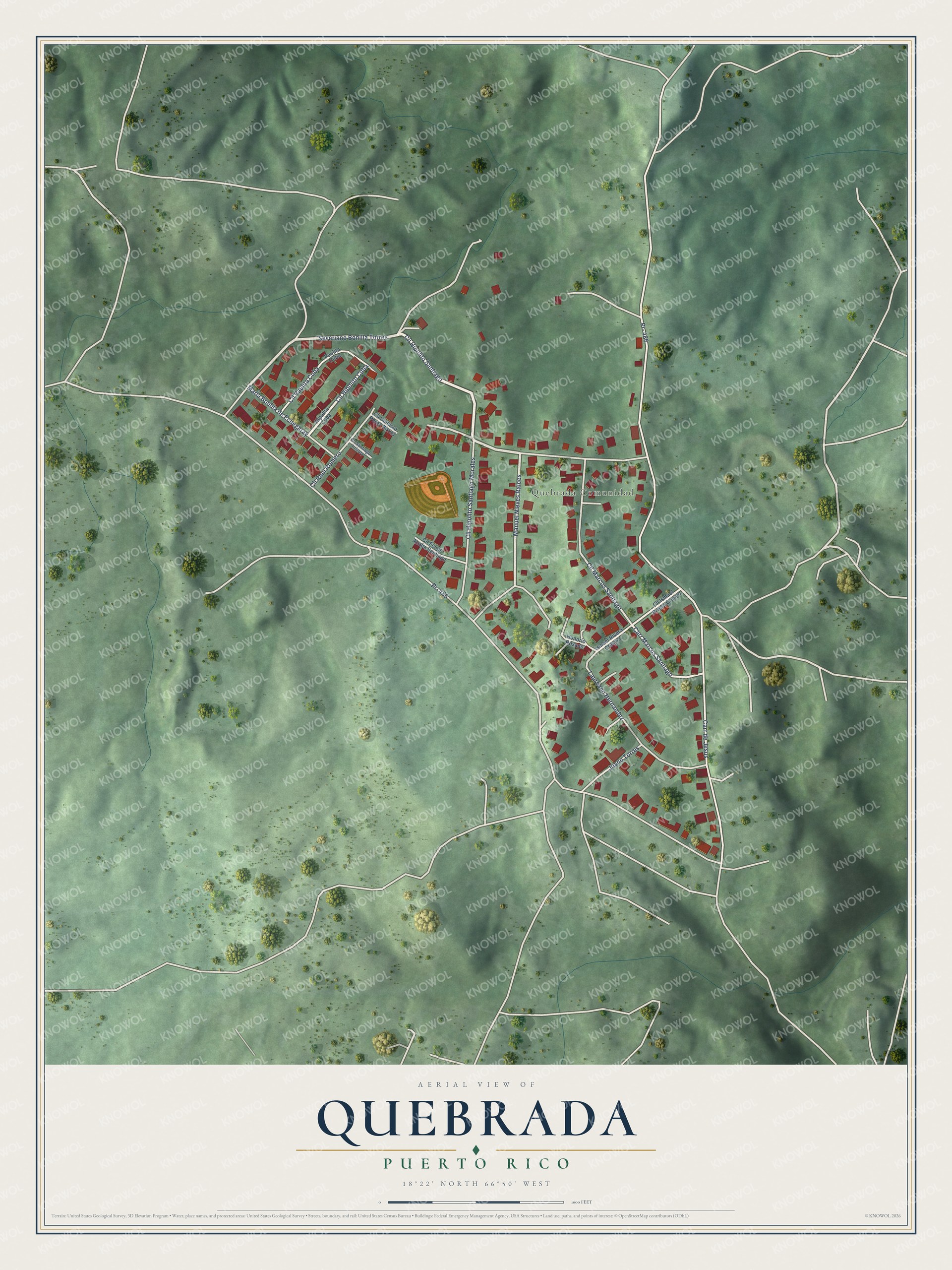 Full map of Quebrada, Puerto Rico, with red buildings, printed street names and the land around them