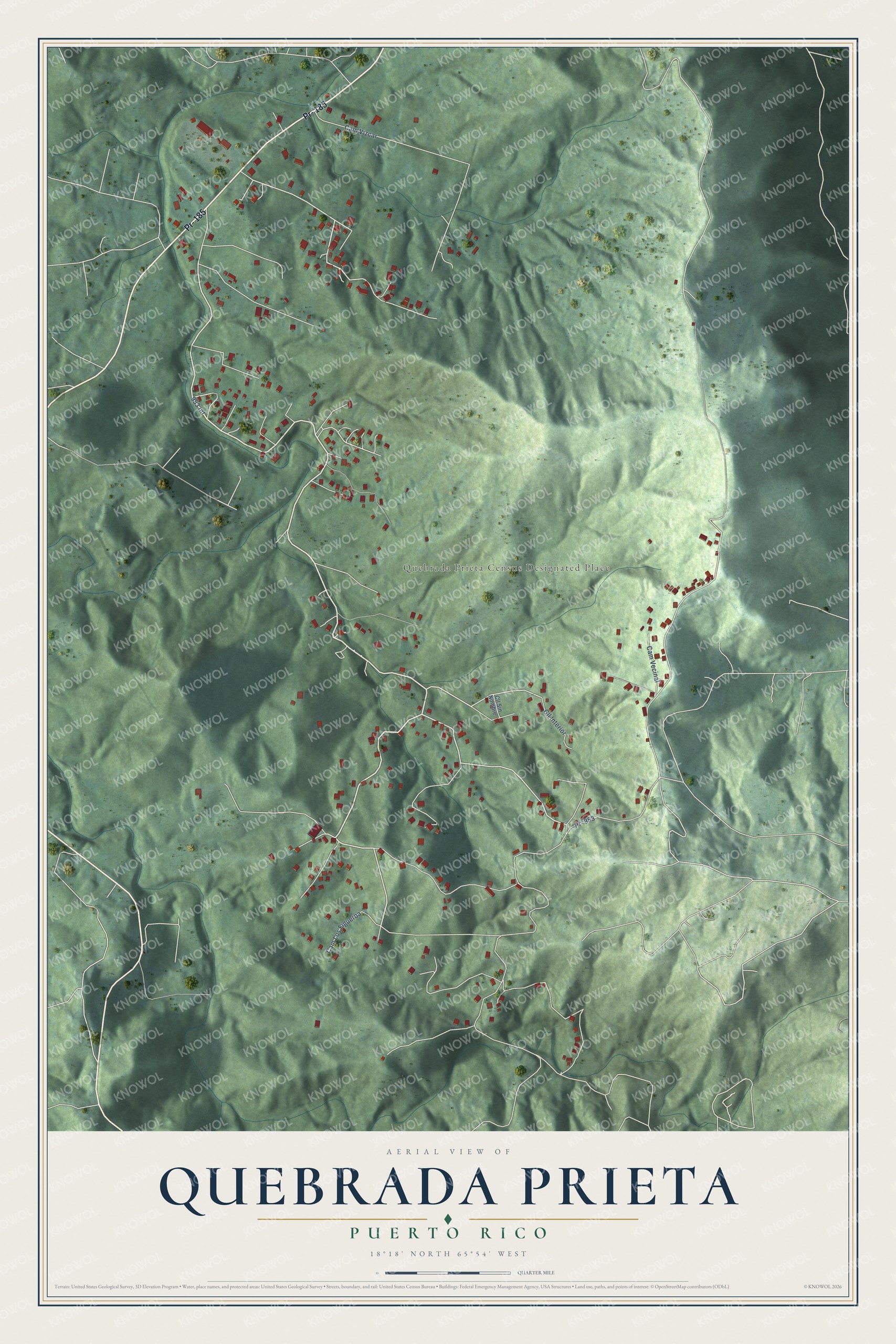 Full map of Quebrada Prieta, Puerto Rico, with red buildings, printed street names and the land around them