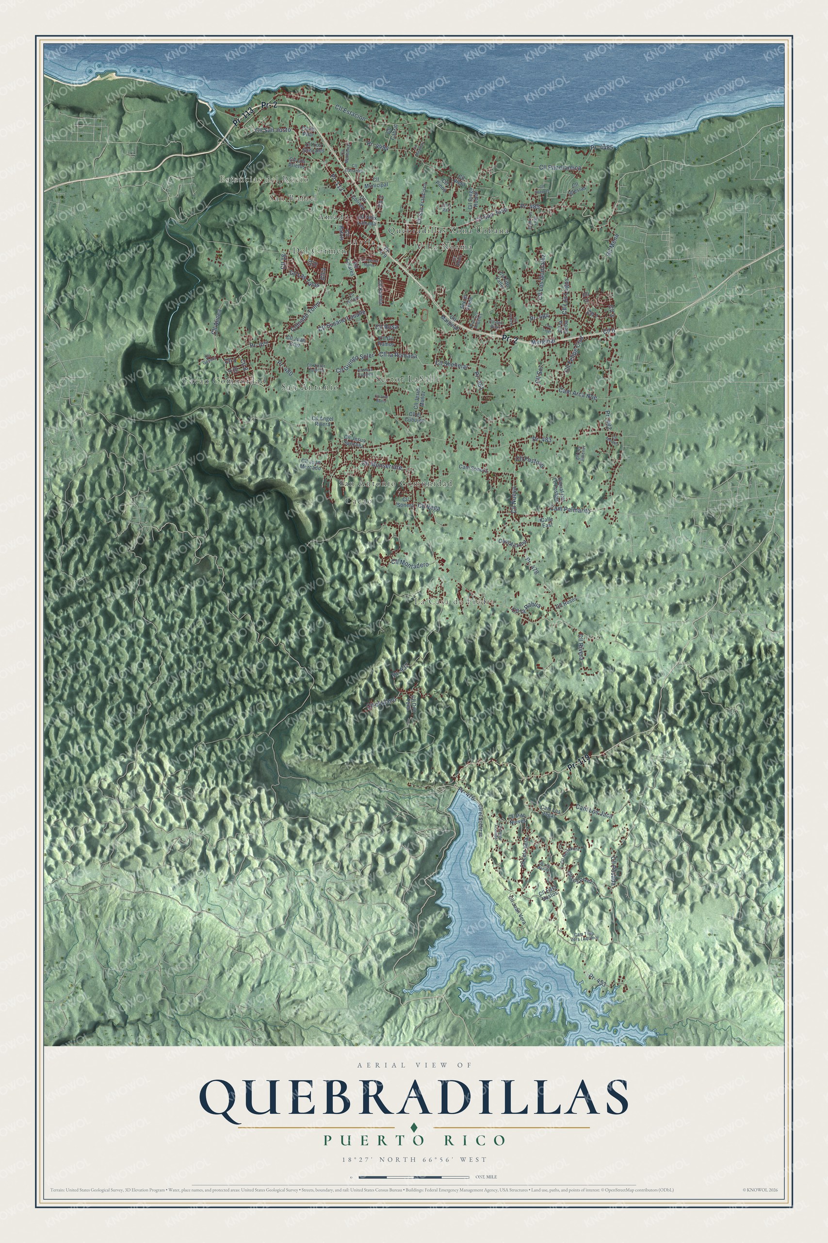 Full map of Quebradillas, Puerto Rico, with red buildings, printed street names and the land around them