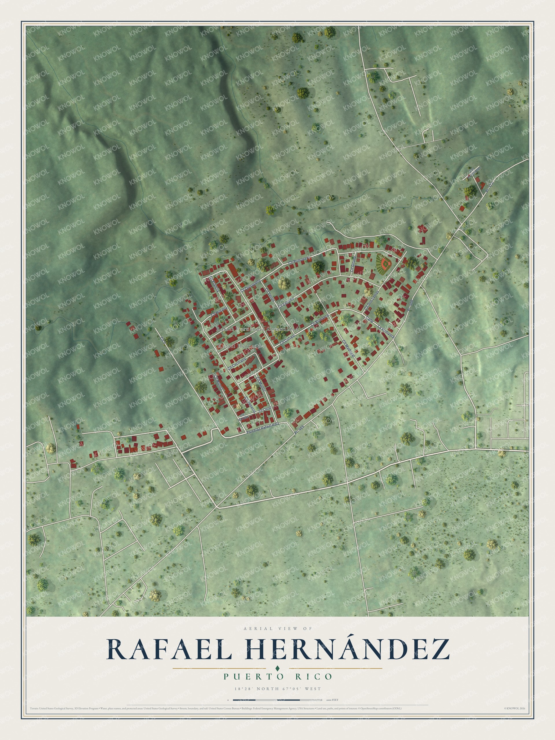 Full map of Rafael Hernández, Puerto Rico, with red buildings, printed street names and the land around them