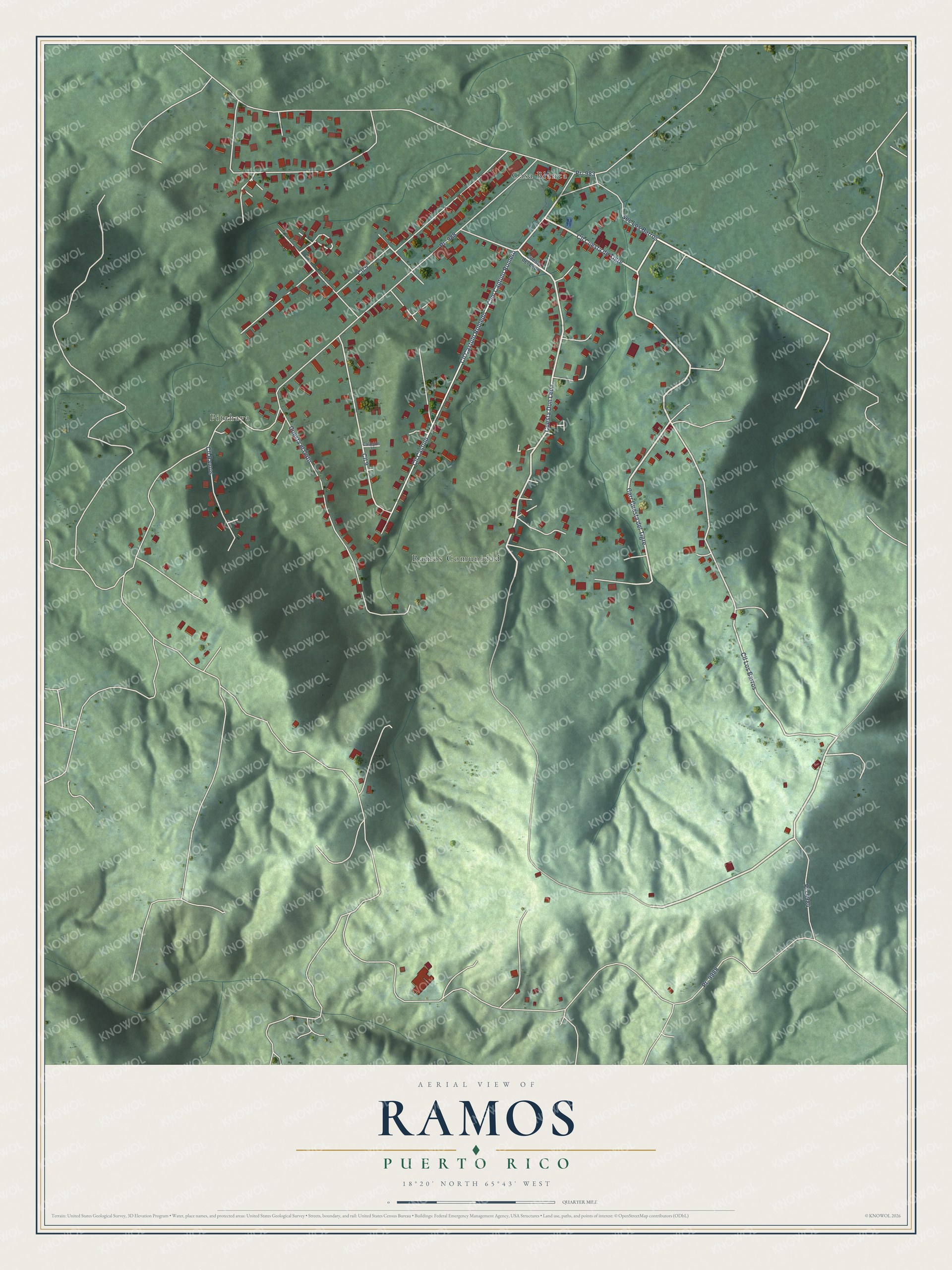 Full map of Ramos, Puerto Rico, with red buildings, printed street names and the land around them