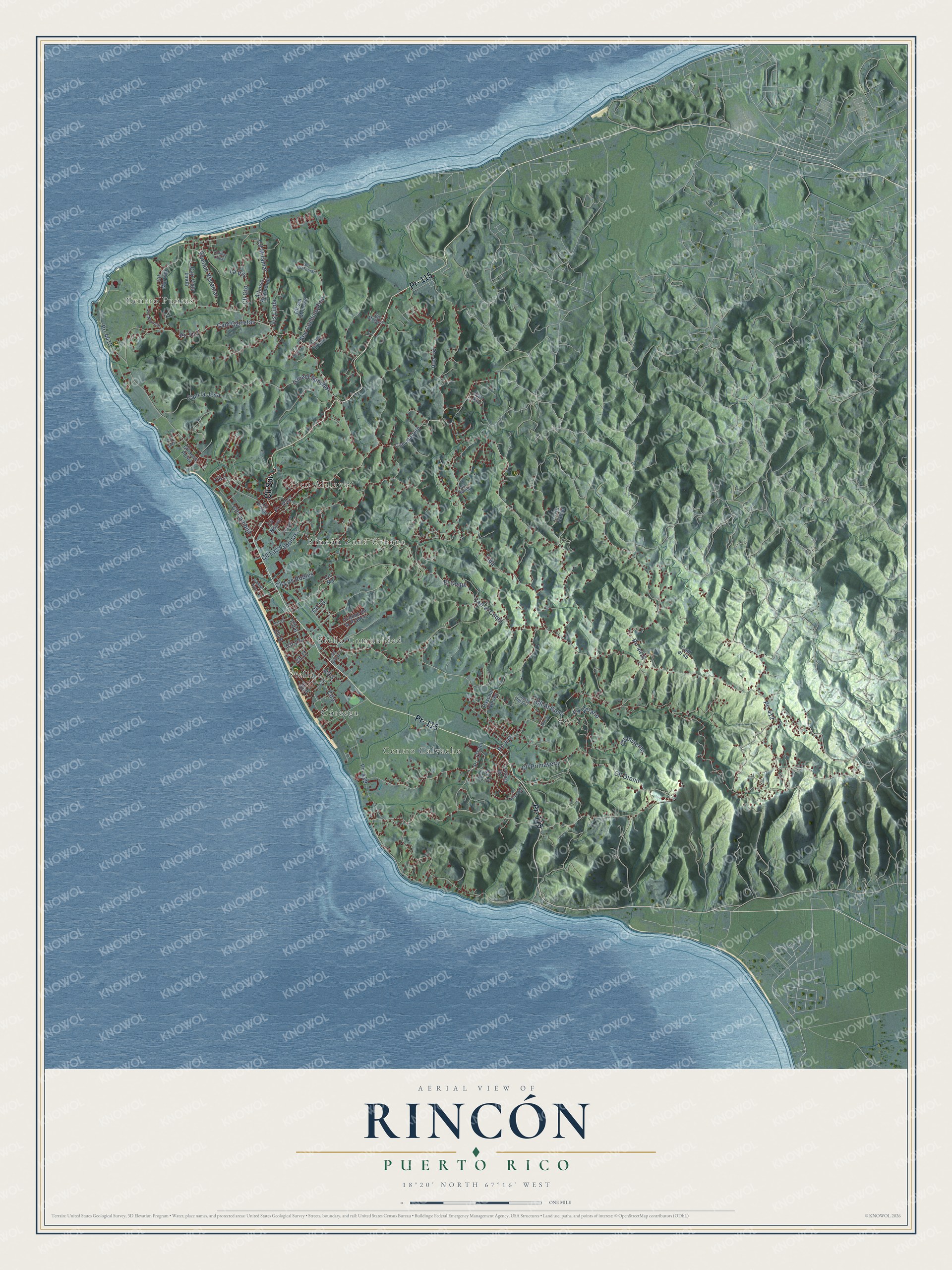 Full map of Rincón, Puerto Rico, with red buildings, printed street names and the land around them
