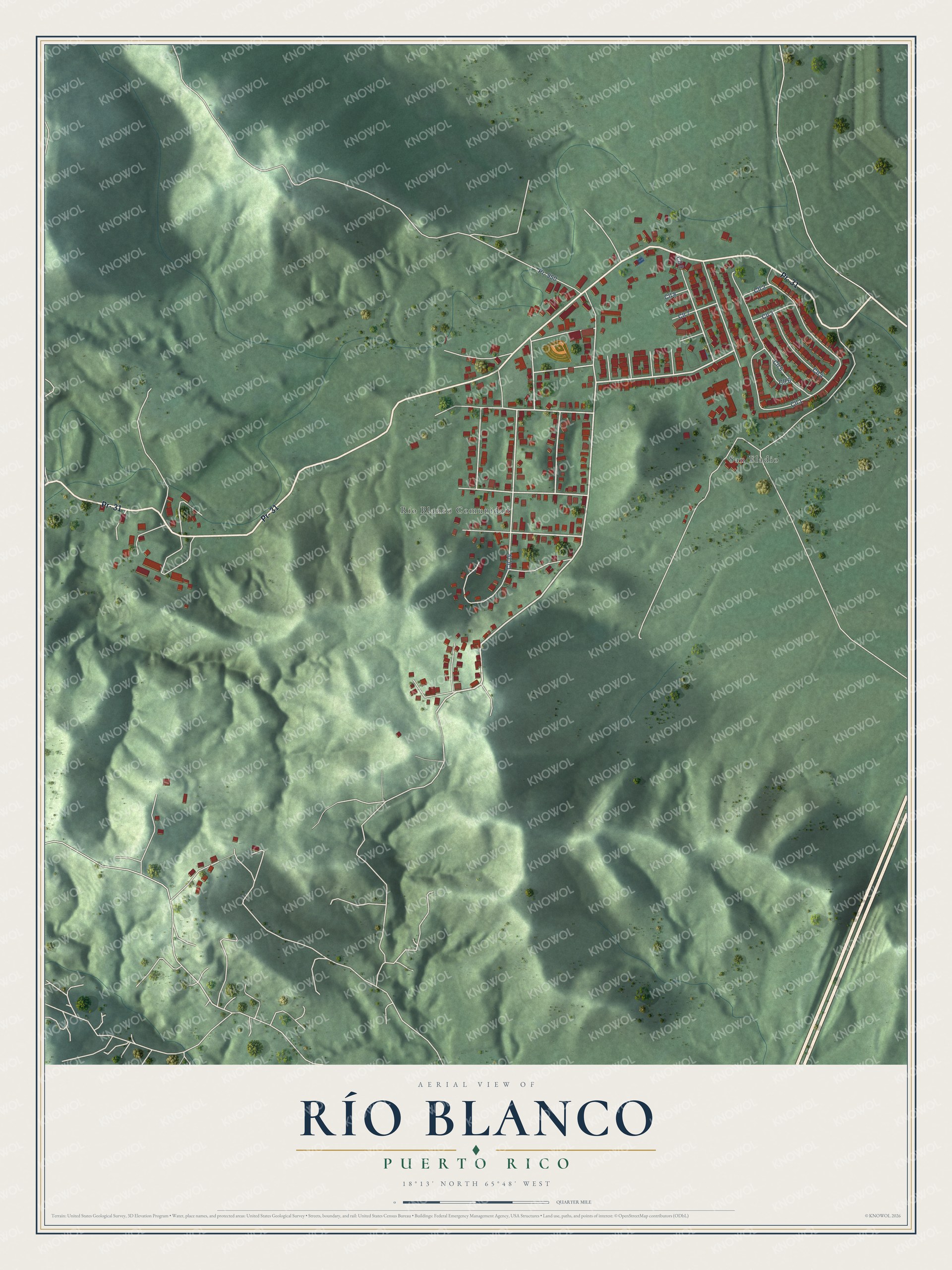 Full map of Río Blanco, Puerto Rico, with red buildings, printed street names and the land around them