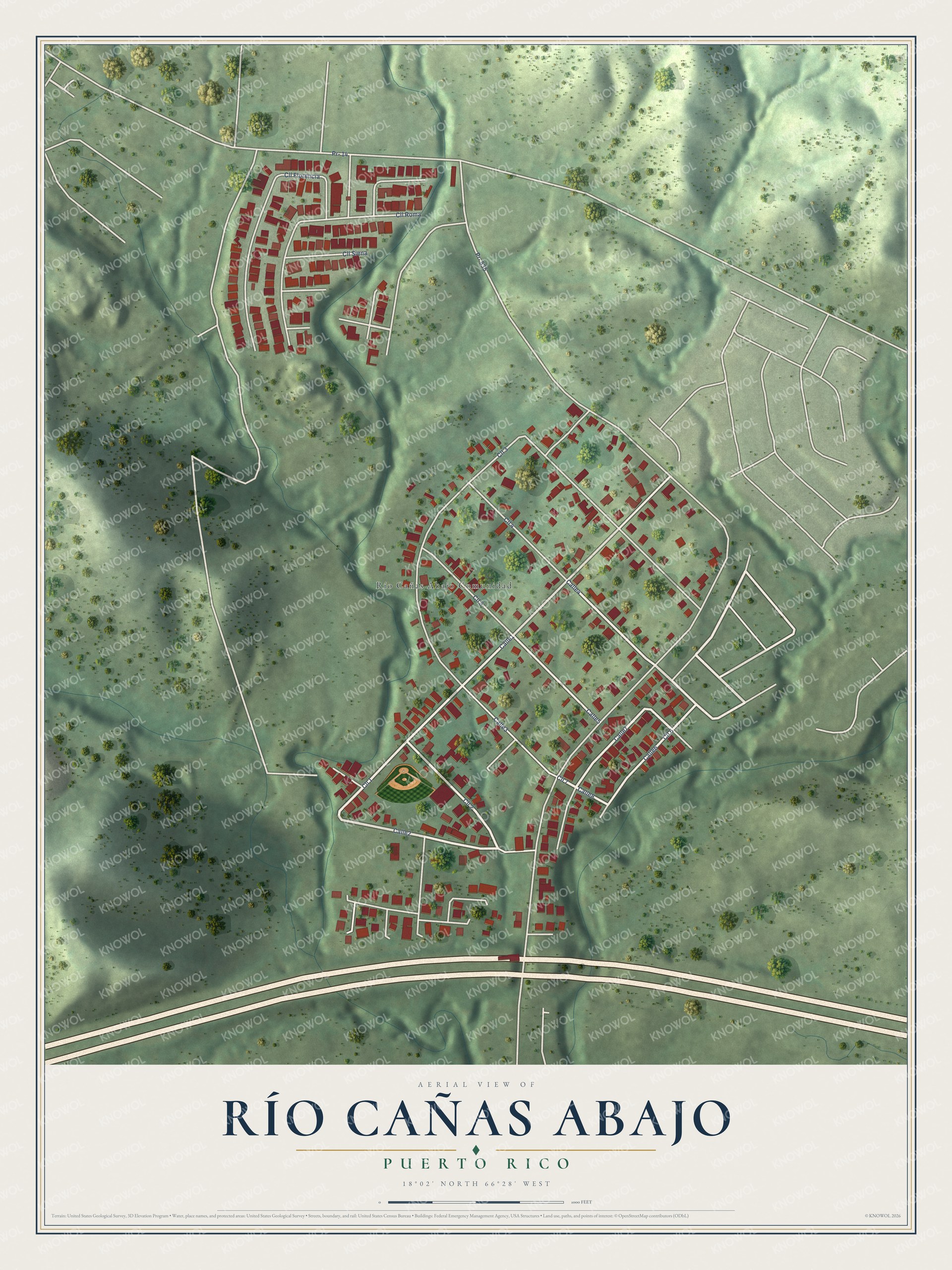 Full map of Río Cañas Abajo, Puerto Rico, with red buildings, printed street names and the land around them