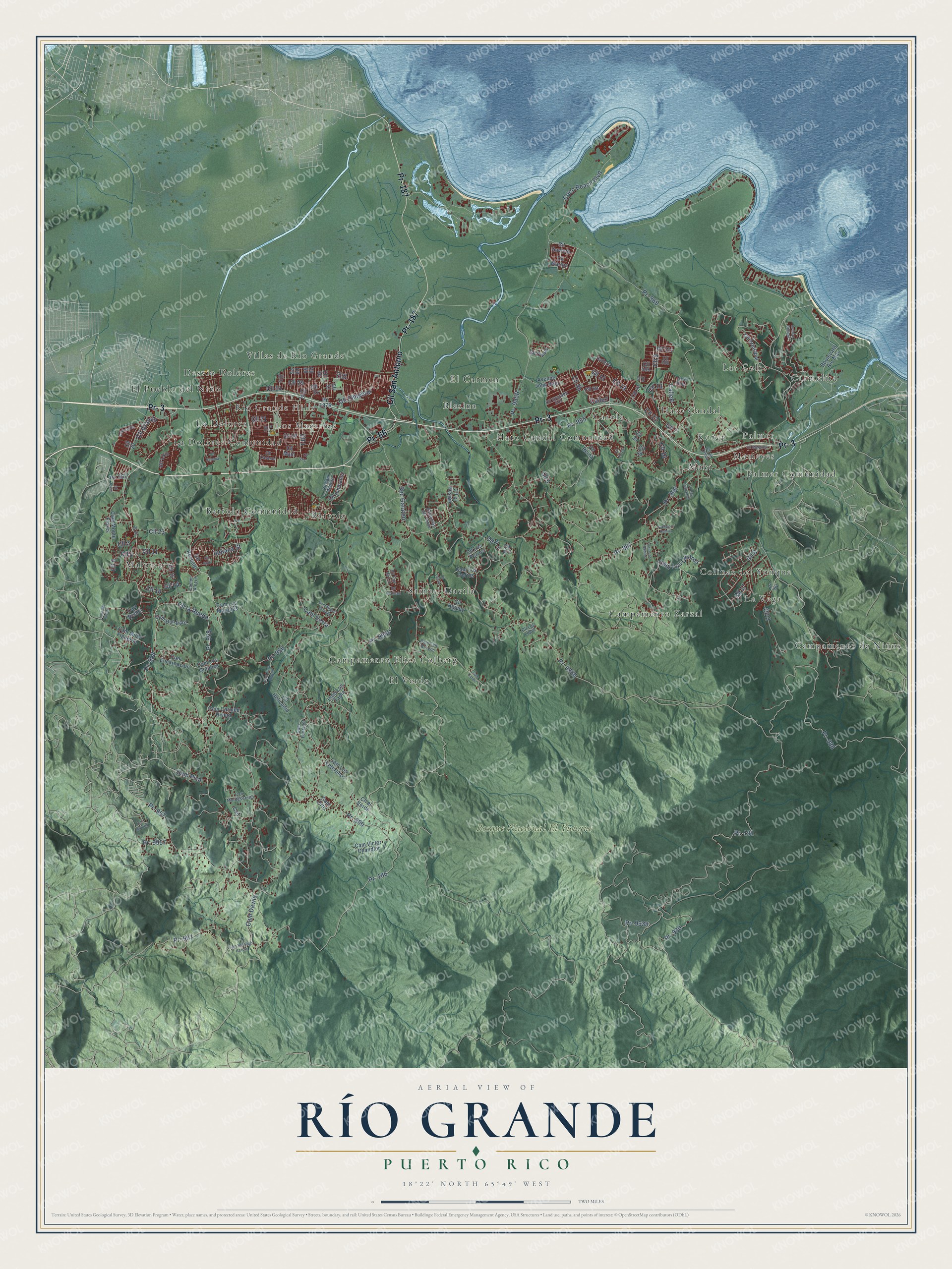 Full map of Río Grande, Puerto Rico, with red buildings, printed street names and the land around them