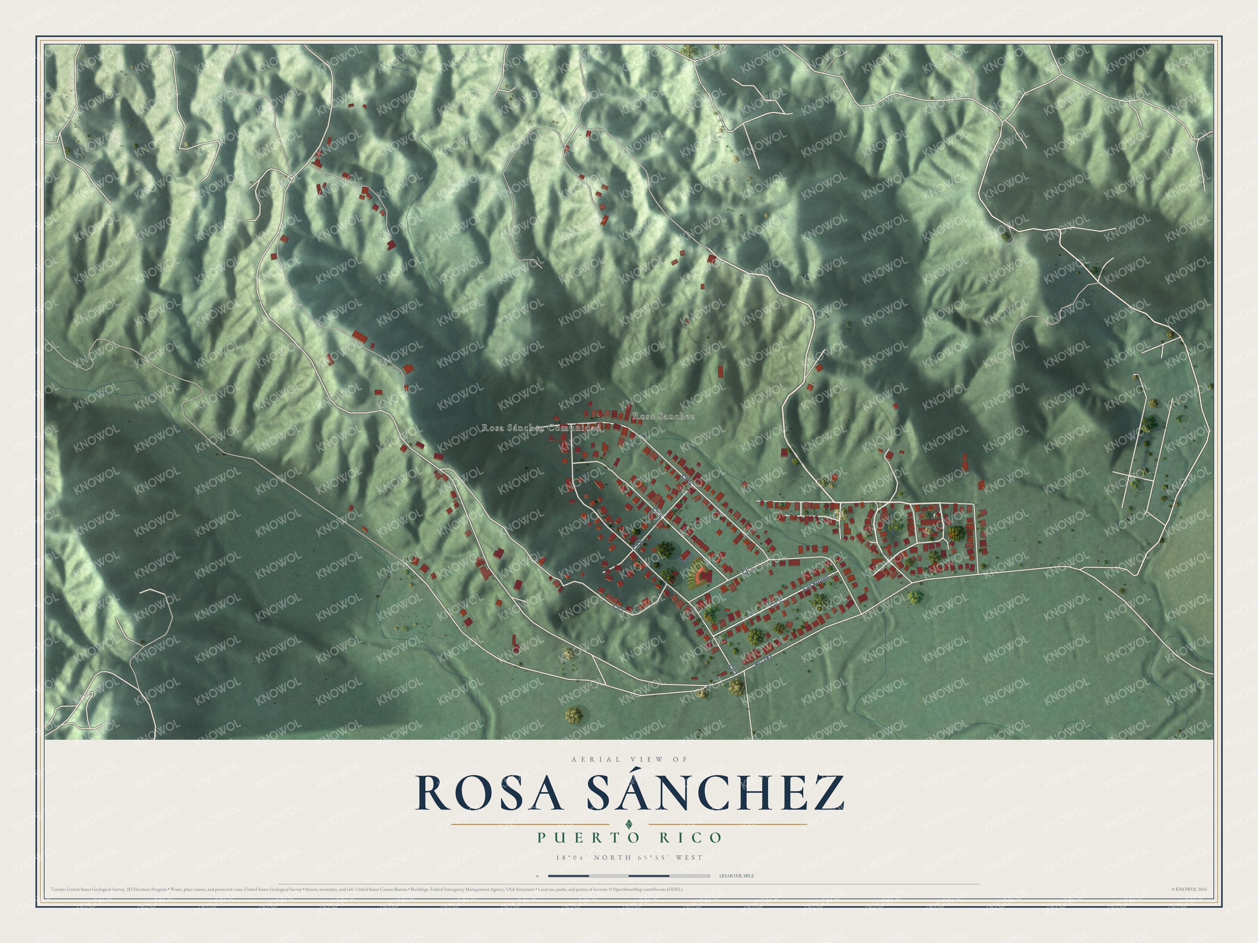 Full map of Rosa Sánchez, Puerto Rico, with red buildings, printed street names and the land around them