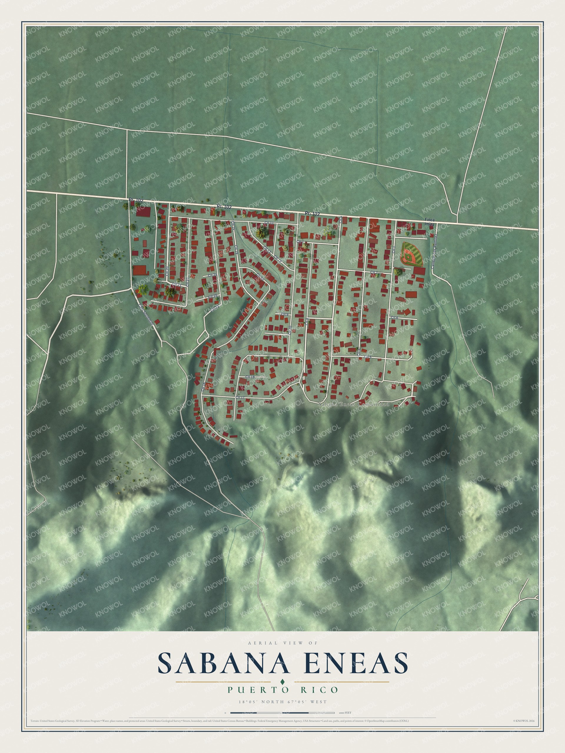 Full map of Sabana Eneas, Puerto Rico, with red buildings, printed street names and the land around them