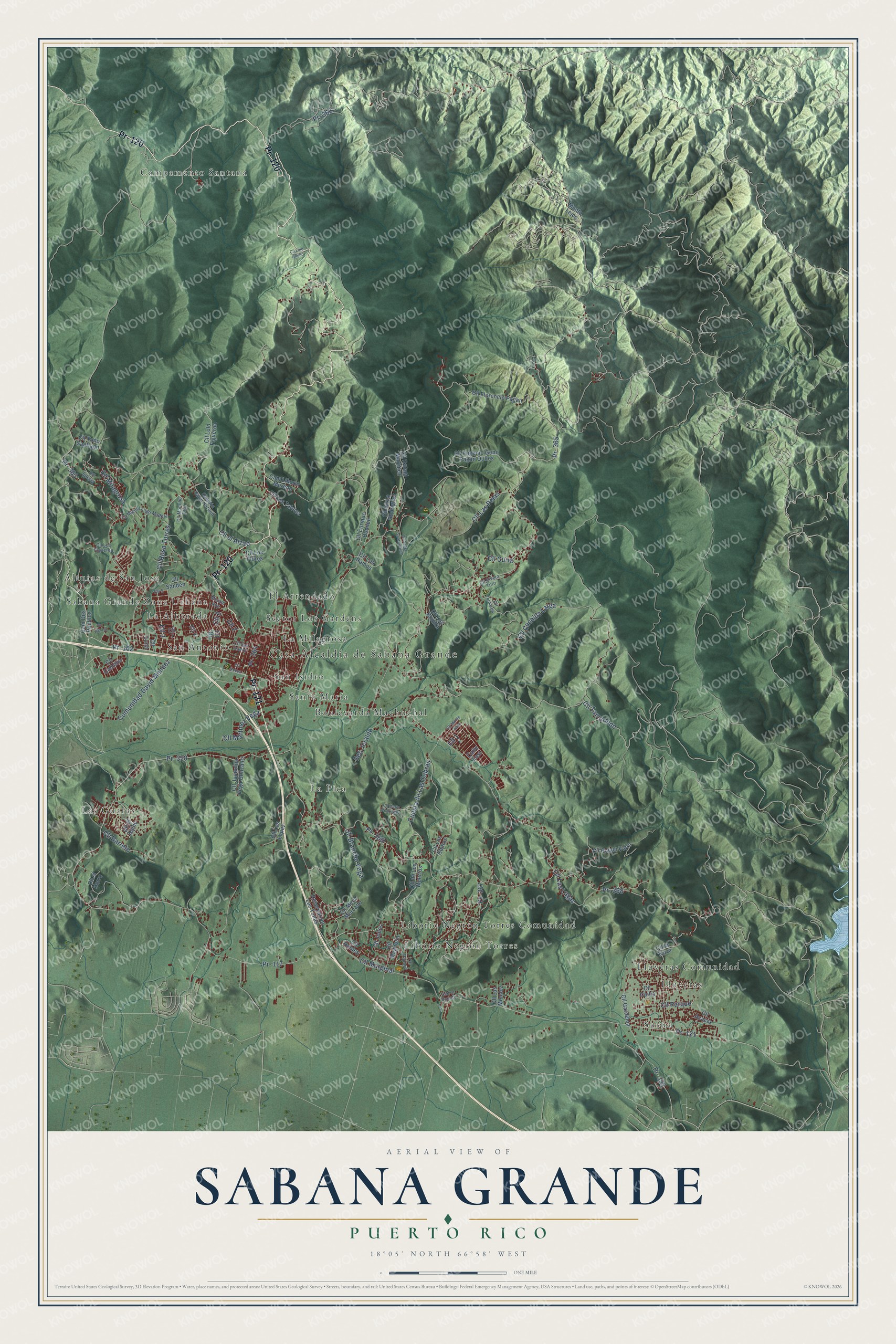 Full map of Sabana Grande, Puerto Rico, with red buildings, printed street names and the land around them