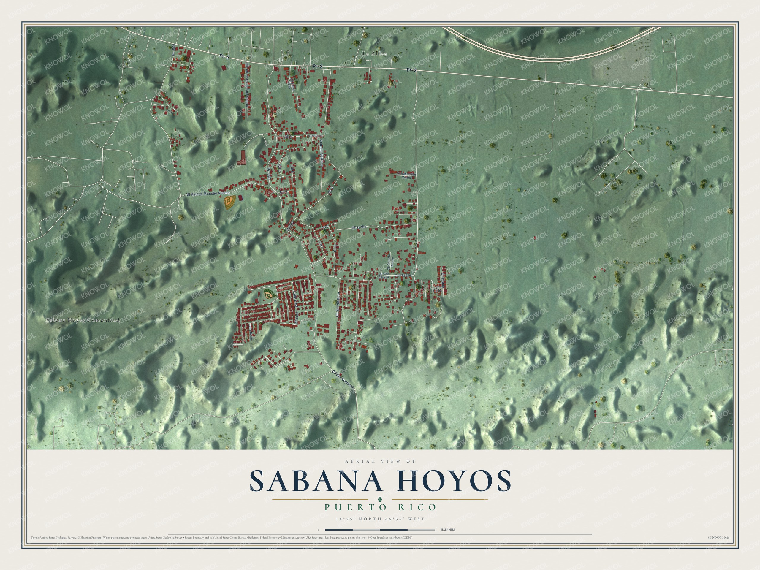 Full map of Sabana Hoyos, Puerto Rico, with red buildings, printed street names and the land around them