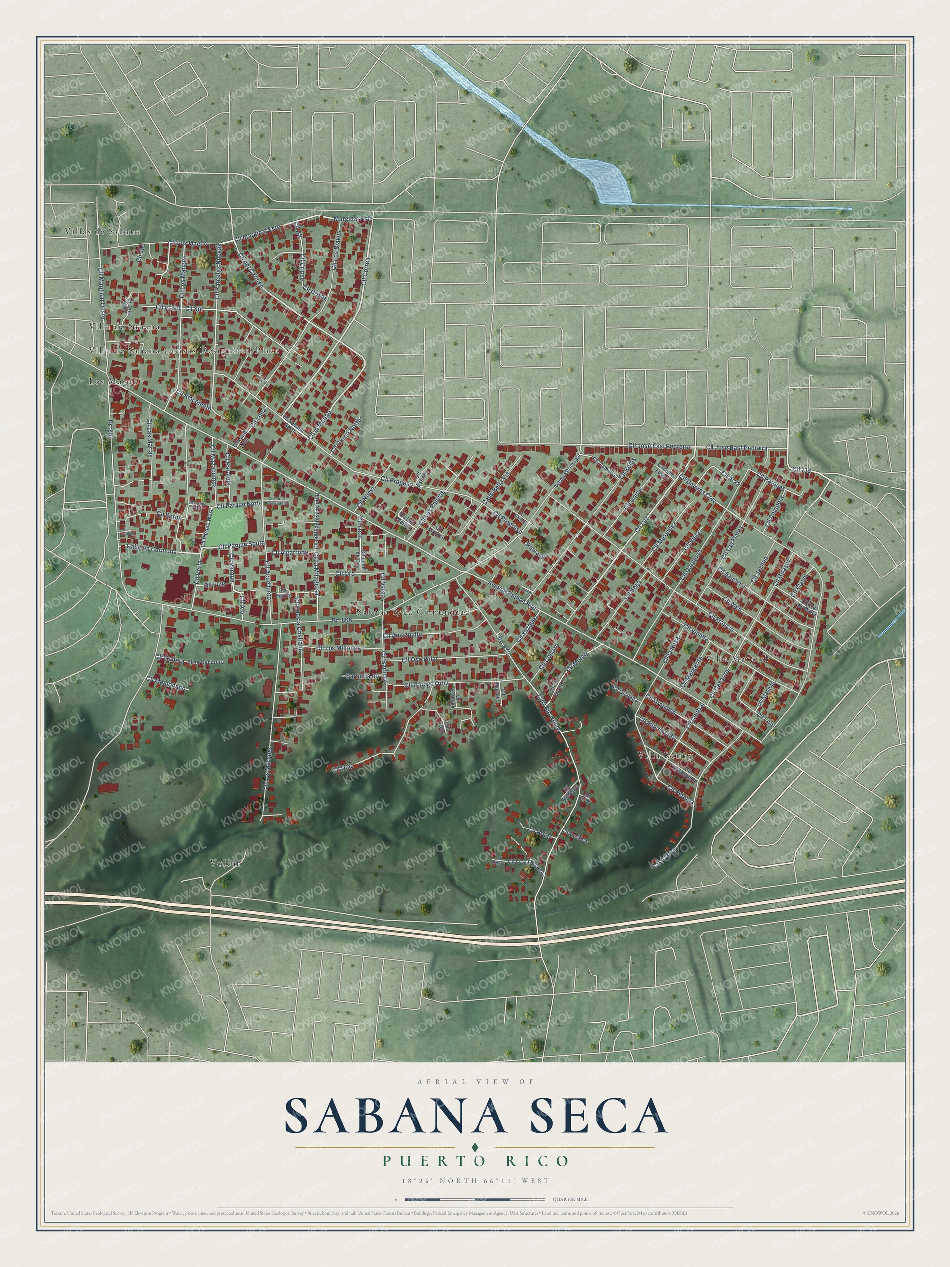 Full map of Sabana Seca, Puerto Rico, with red buildings, printed street names and the land around them