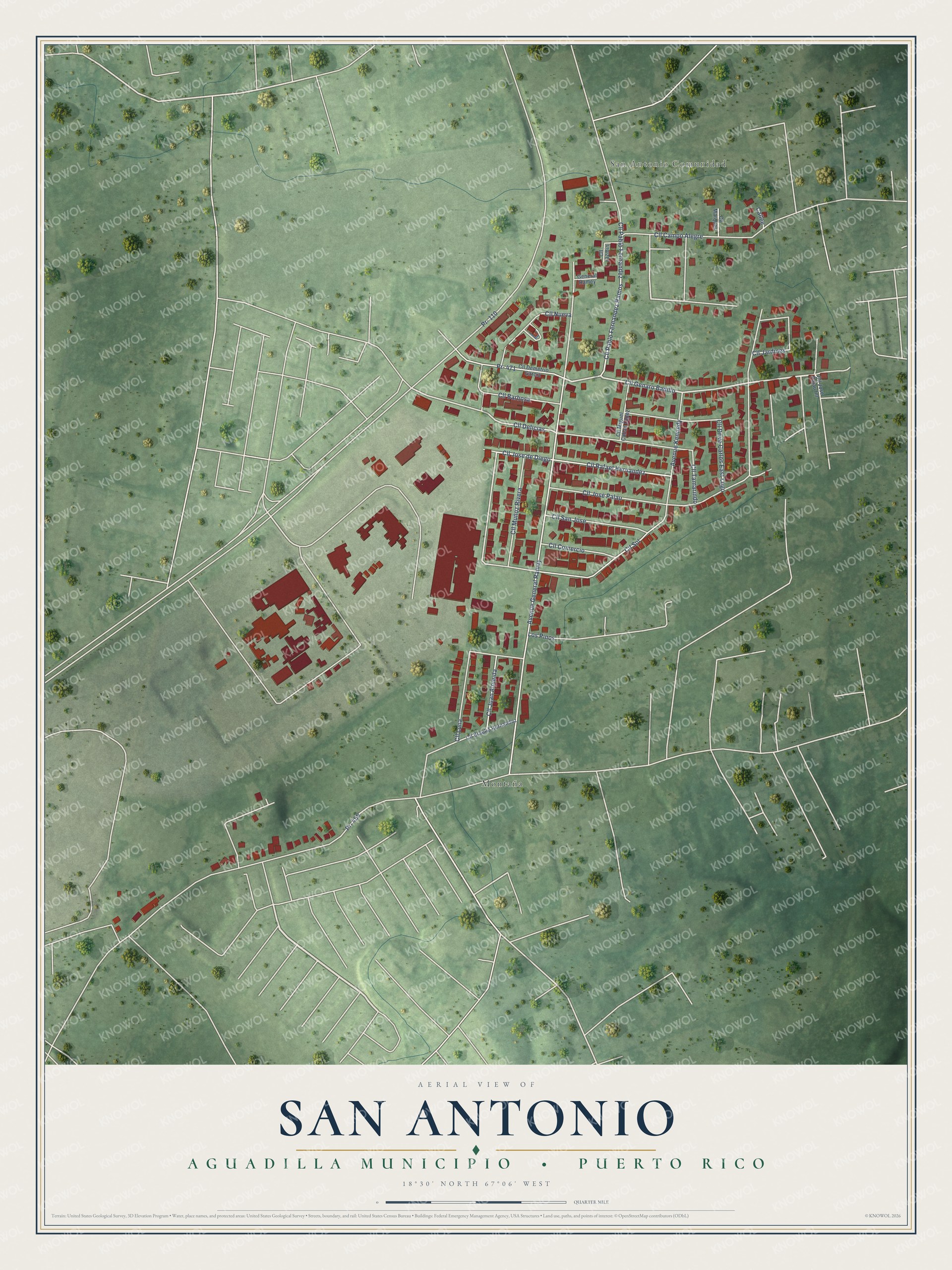 Full map of San Antonio, Puerto Rico, with red buildings, printed street names and the land around them