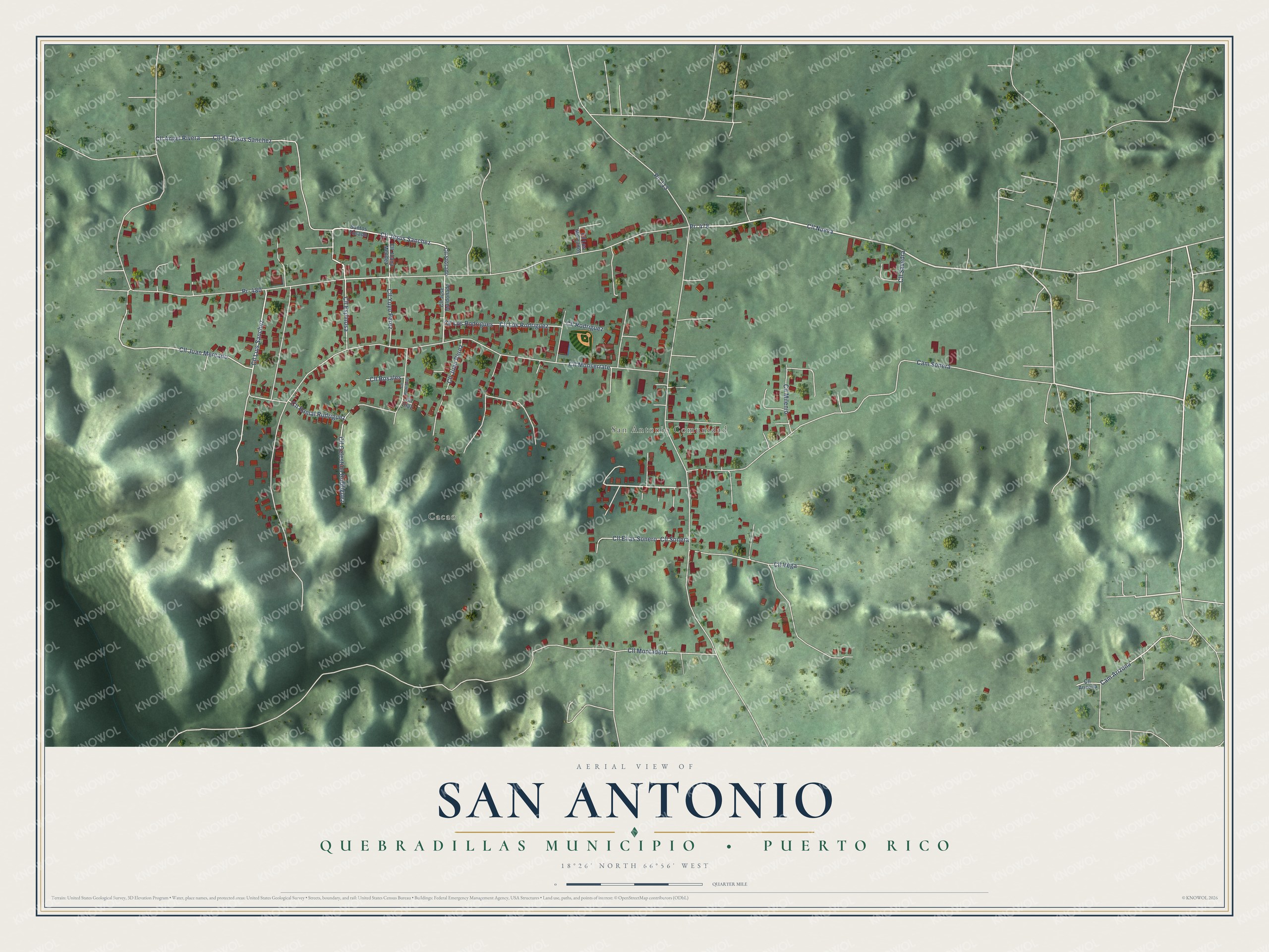 Full map of San Antonio, Puerto Rico, with red buildings, printed street names and the land around them