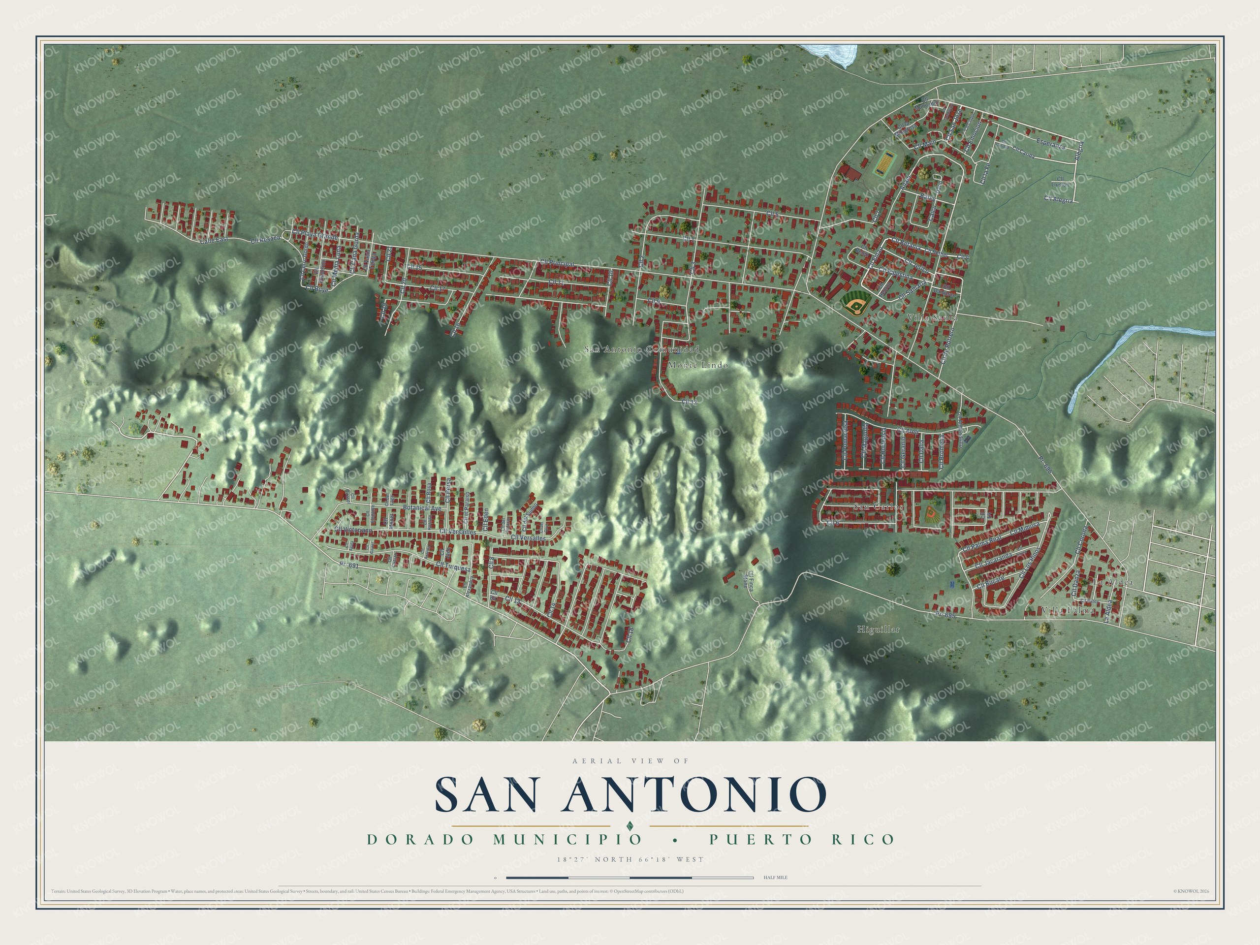 Full map of San Antonio, Puerto Rico, with red buildings, printed street names and the land around them
