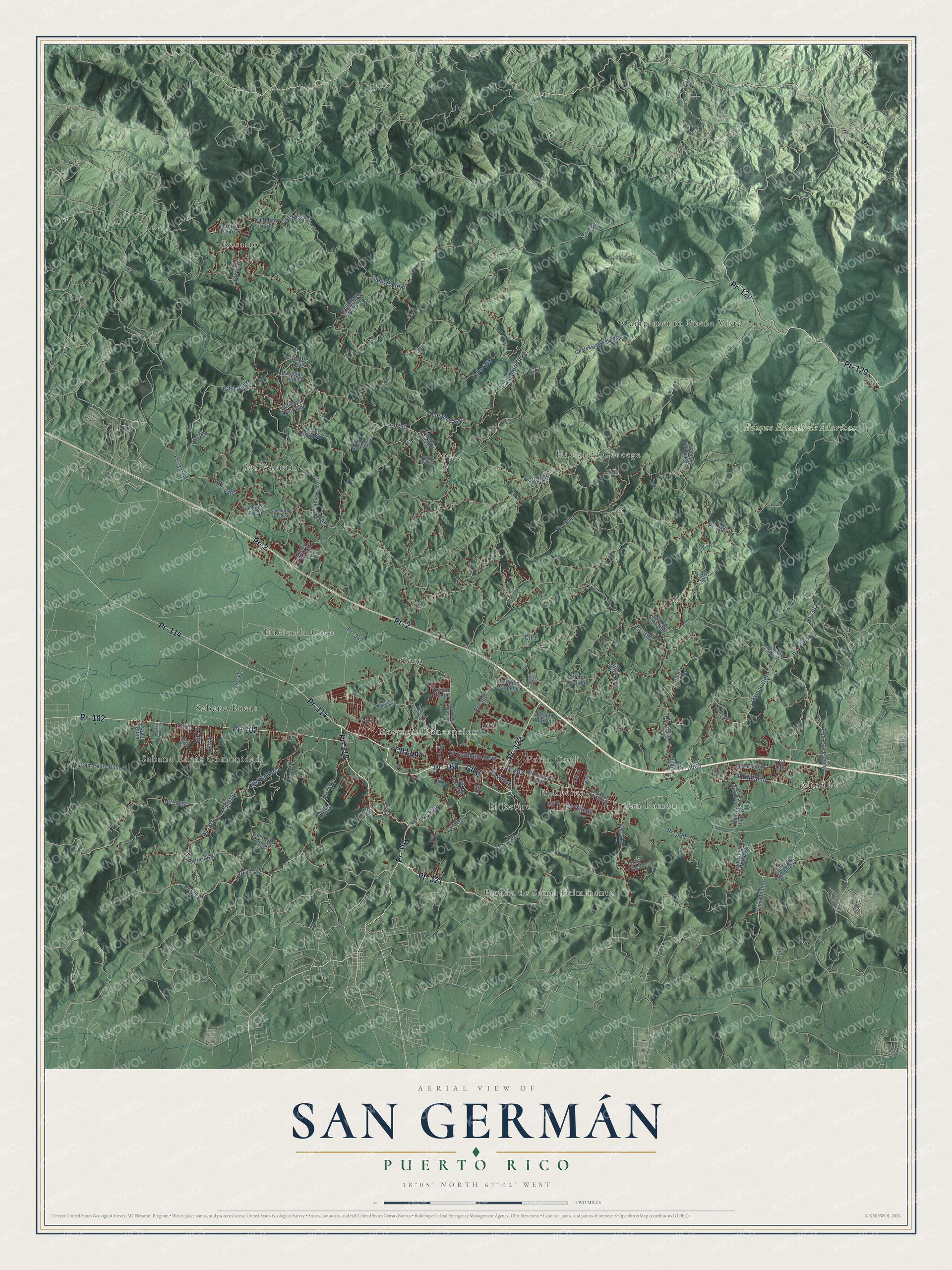Full map of San Germán, Puerto Rico, with red buildings, printed street names and the land around them