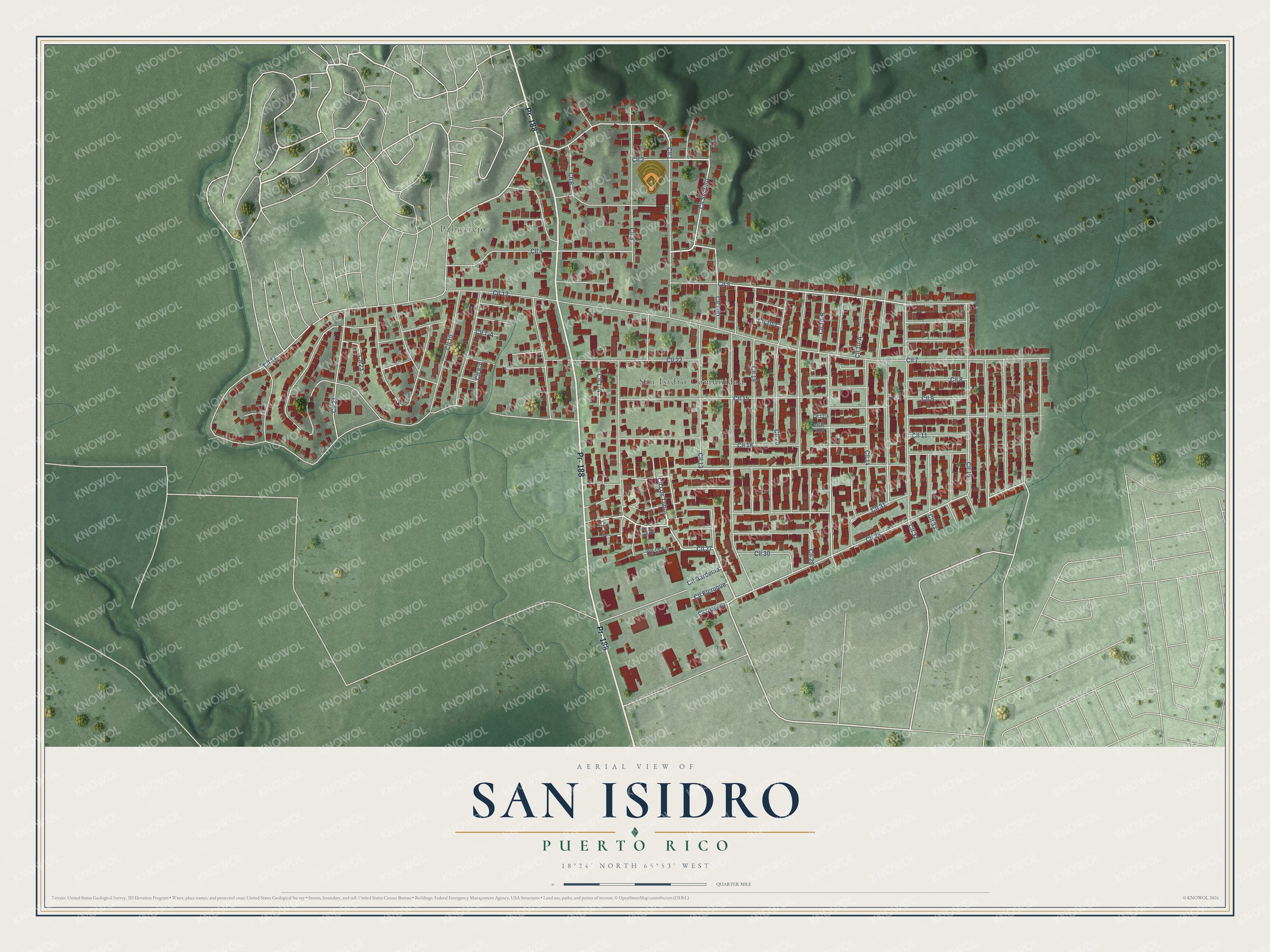 Full map of San Isidro, Puerto Rico, with red buildings, printed street names and the land around them
