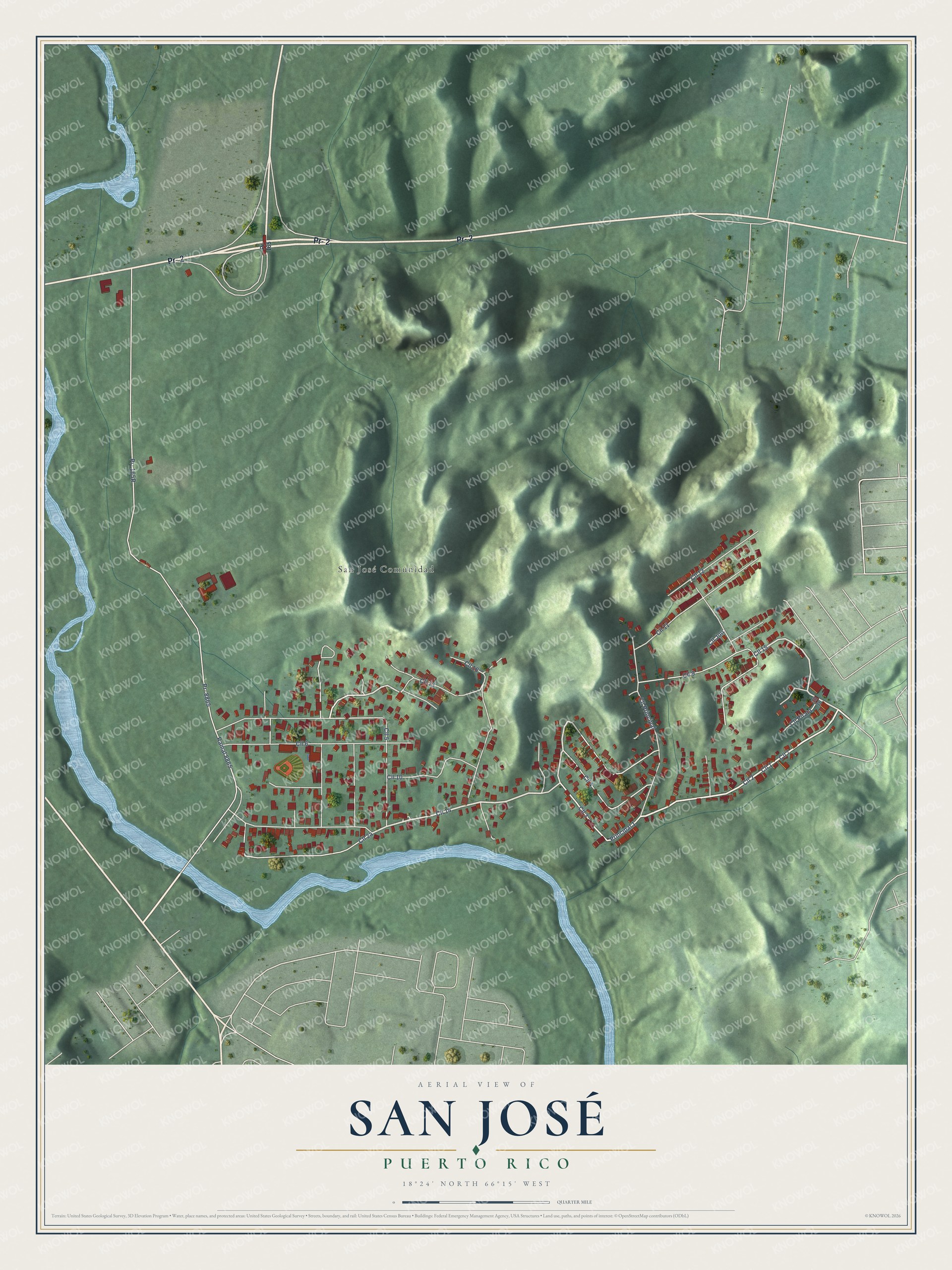 Full map of San José, Puerto Rico, with red buildings, printed street names and the land around them