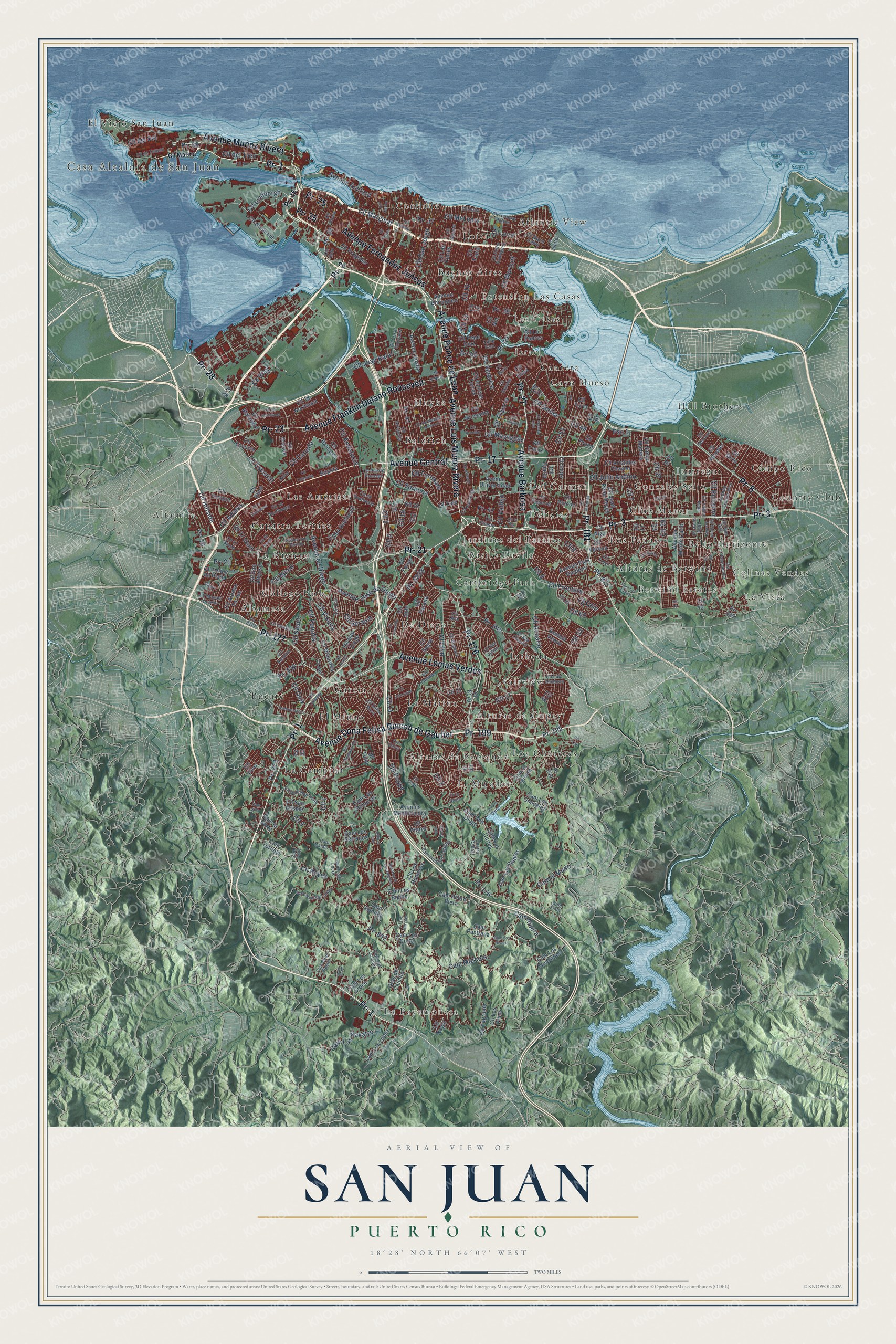 Full map of San Juan, Puerto Rico, with red buildings, printed street names and the land around them