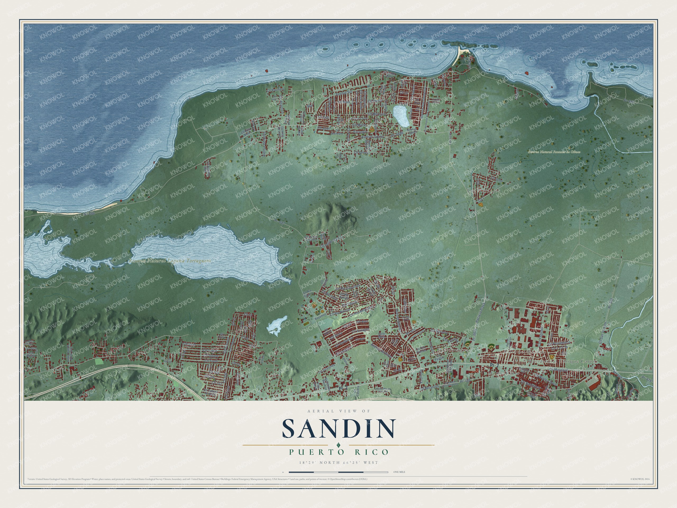 Full map of Sandin, Puerto Rico, with red buildings, printed street names and the land around them