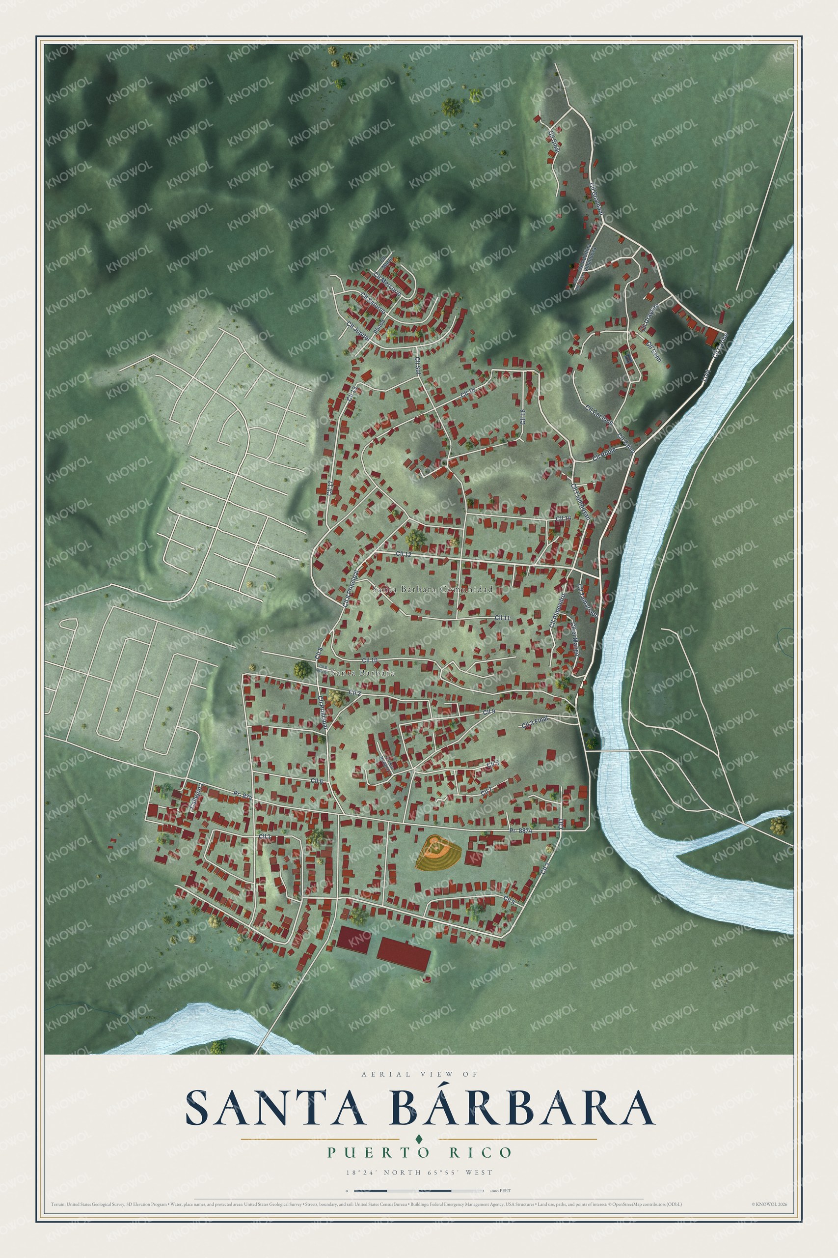 Full map of Santa Bárbara, Puerto Rico, with red buildings, printed street names and the land around them