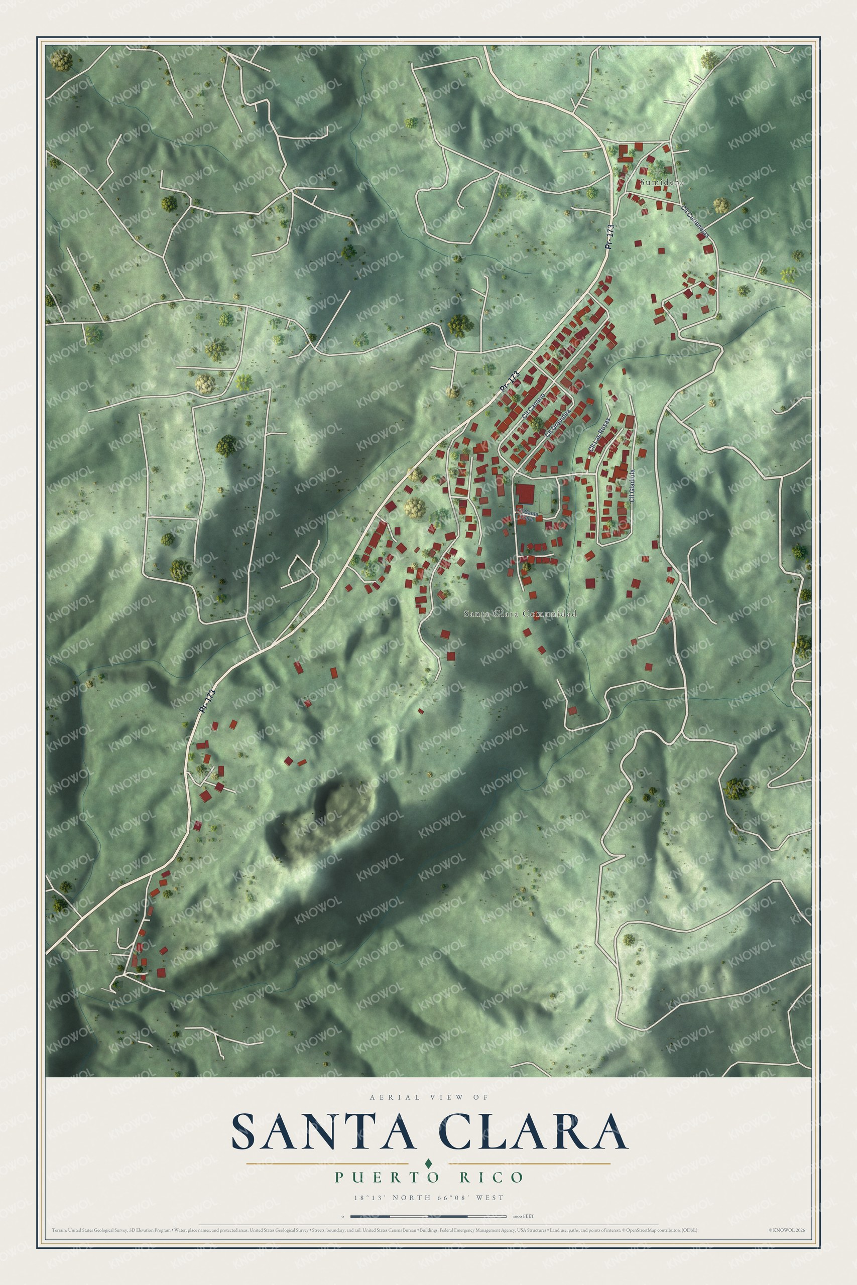 Full map of Santa Clara, Puerto Rico, with red buildings, printed street names and the land around them