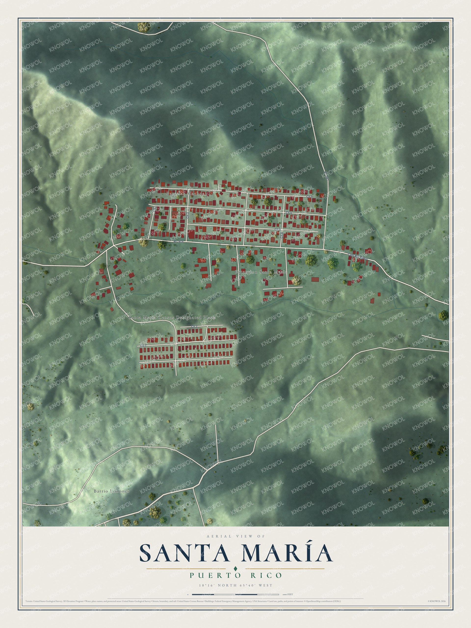 Full map of Santa María, Puerto Rico, with red buildings, printed street names and the land around them