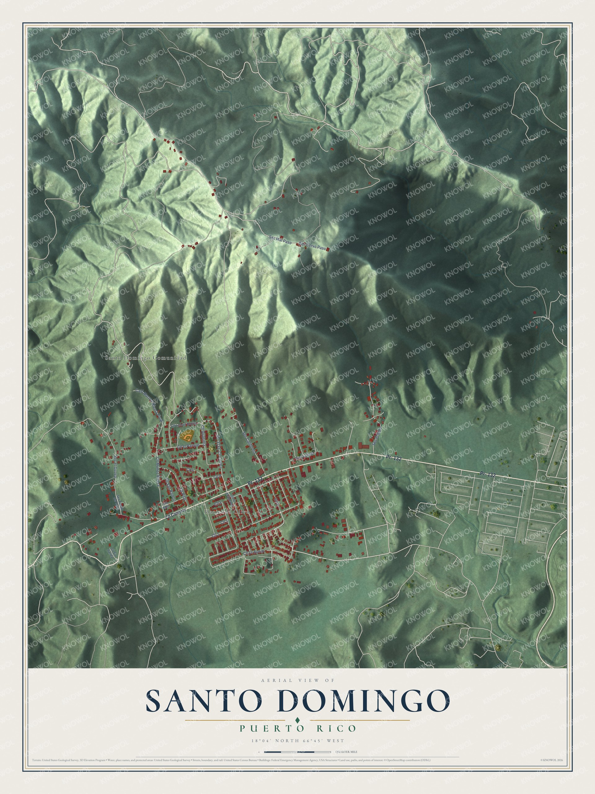 Full map of Santo Domingo, Puerto Rico, with red buildings, printed street names and the land around them