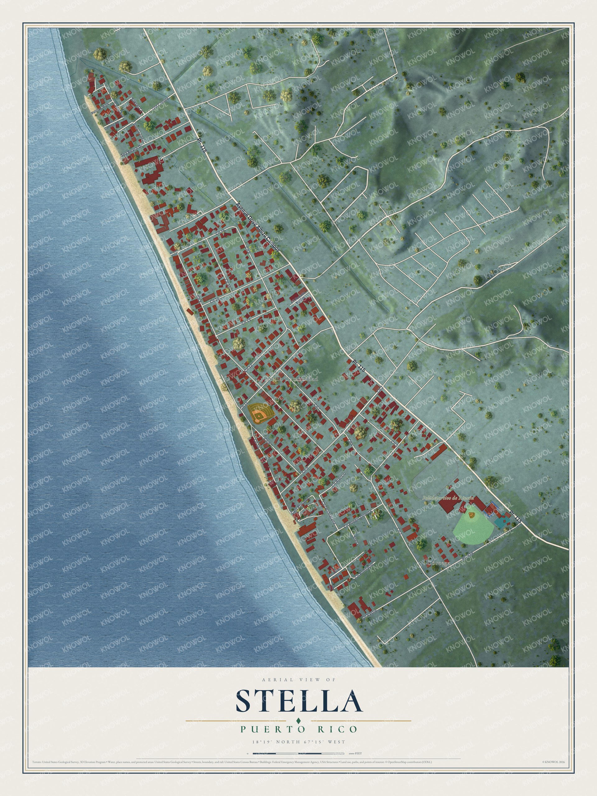 Full map of Stella, Puerto Rico, with red buildings, printed street names and the land around them