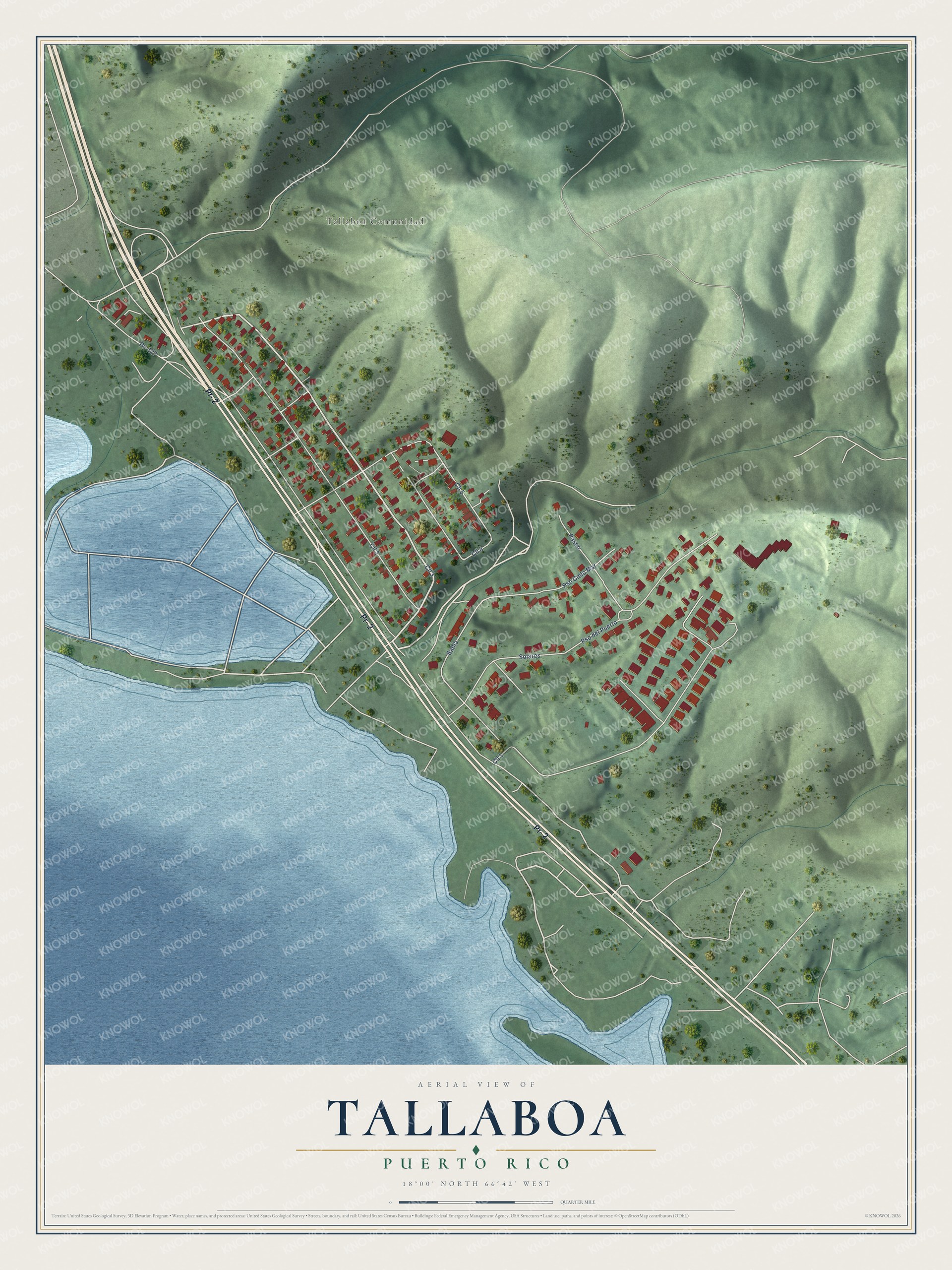 Full map of Tallaboa, Puerto Rico, with red buildings, printed street names and the land around them
