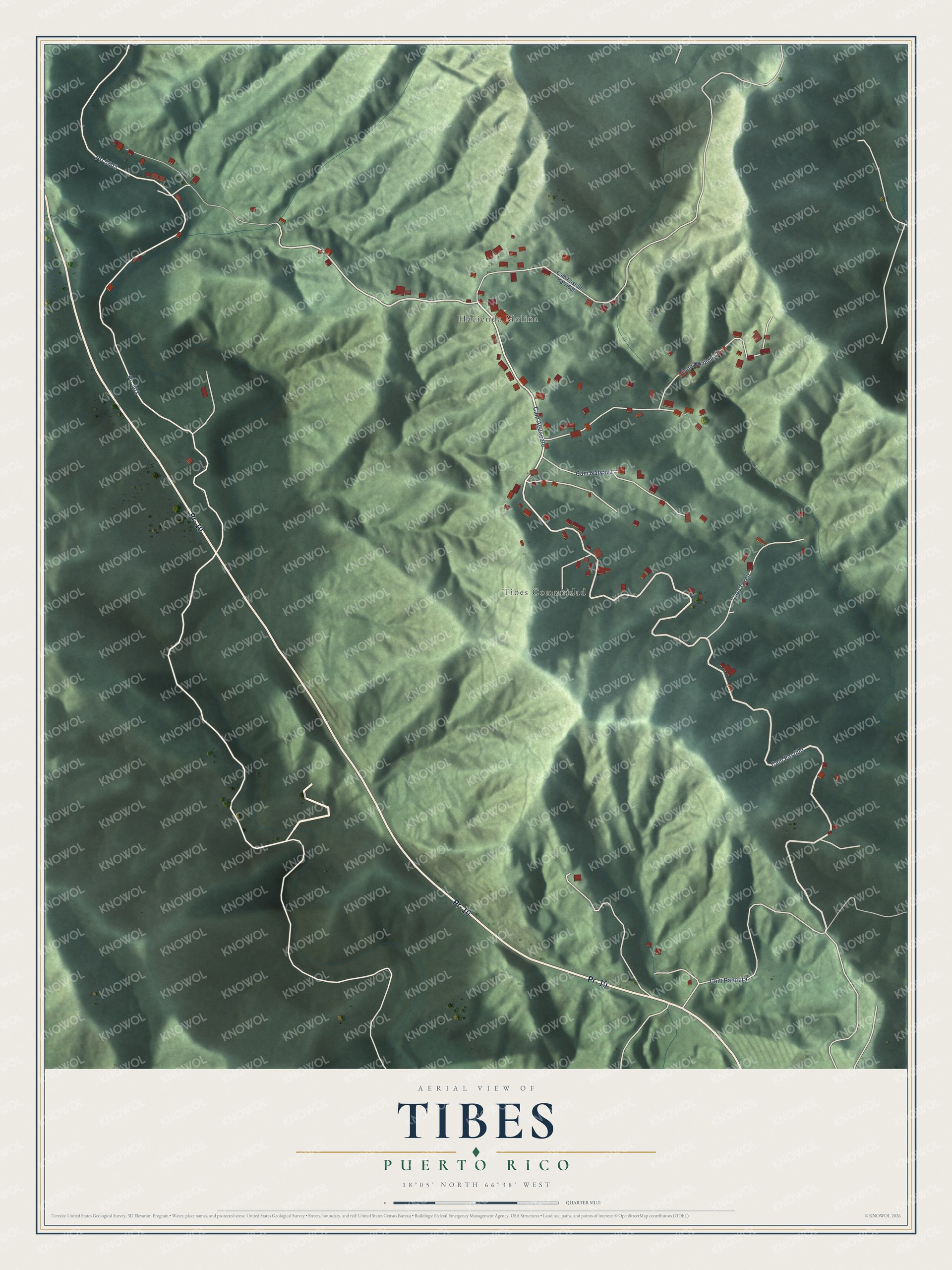 Full map of Tibes, Puerto Rico, with red buildings, printed street names and the land around them