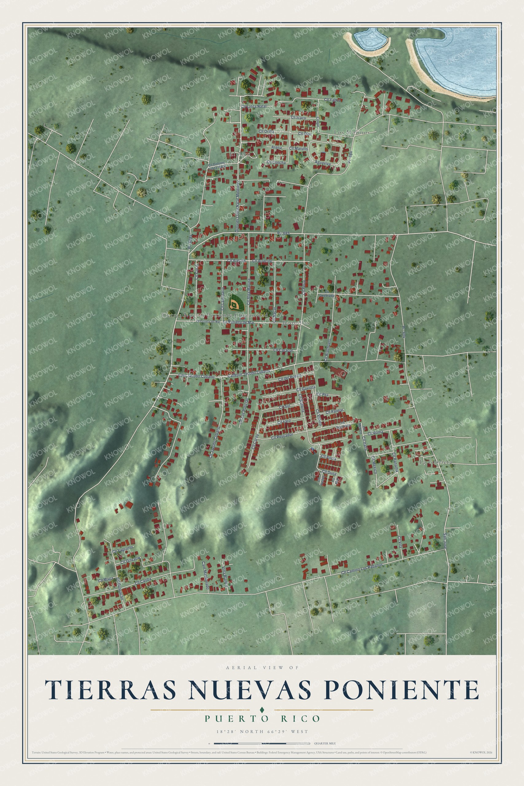 Full map of Tierras Nuevas Poniente, Puerto Rico, with red buildings, printed street names and the land around them