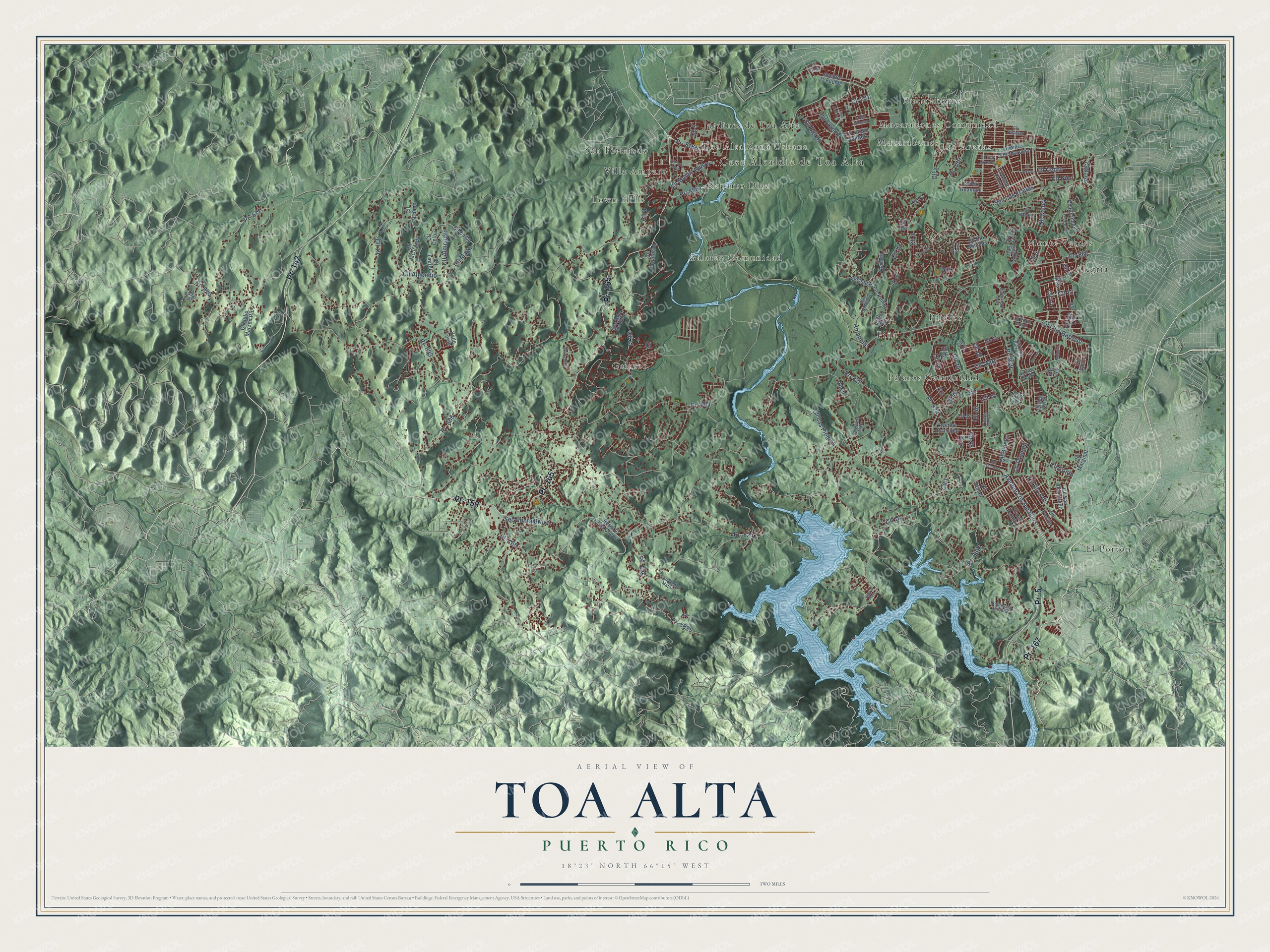 Full map of Toa Alta, Puerto Rico, with red buildings, printed street names and the land around them