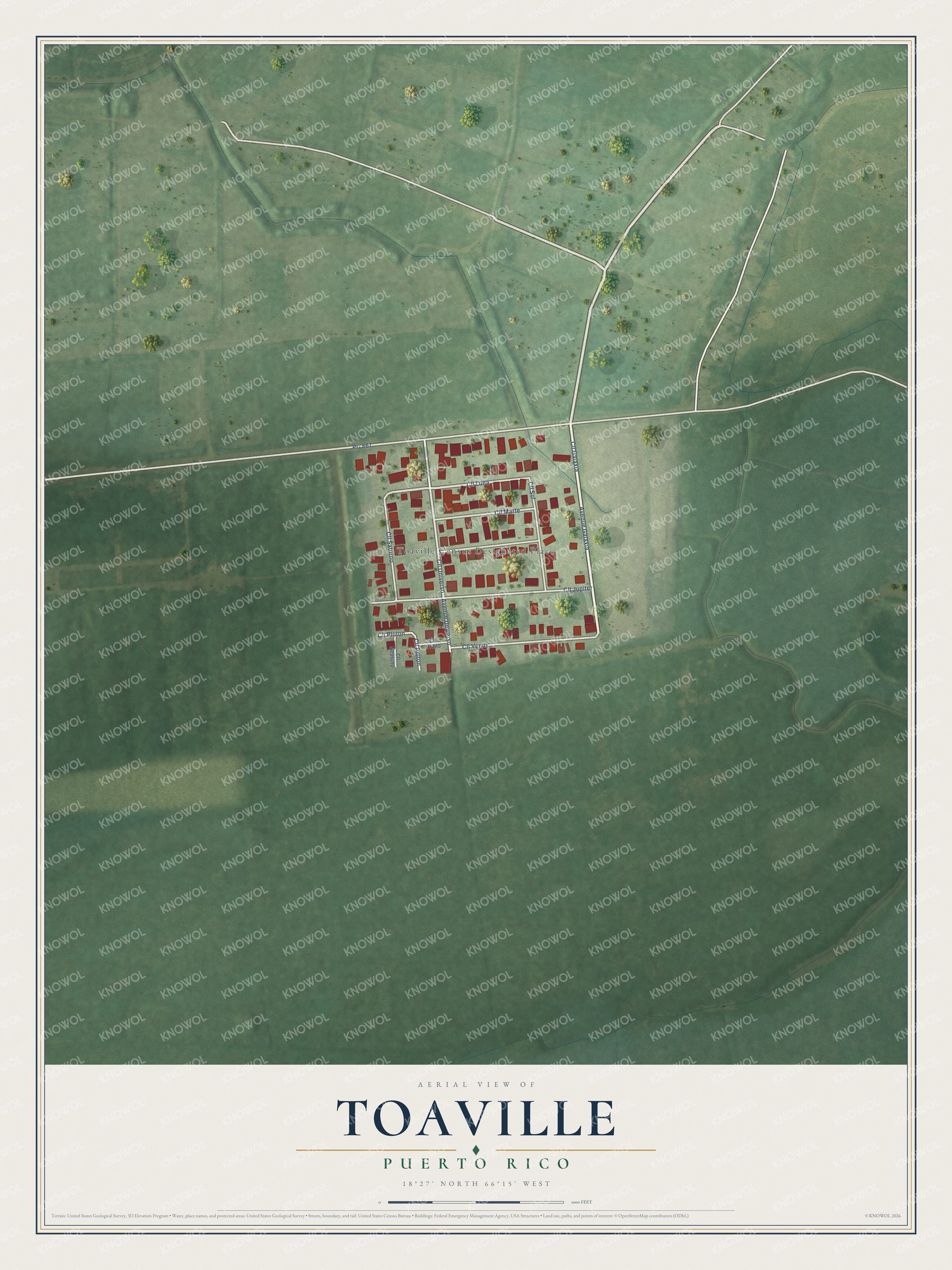 Full map of Toaville, Puerto Rico, with red buildings, printed street names and the land around them