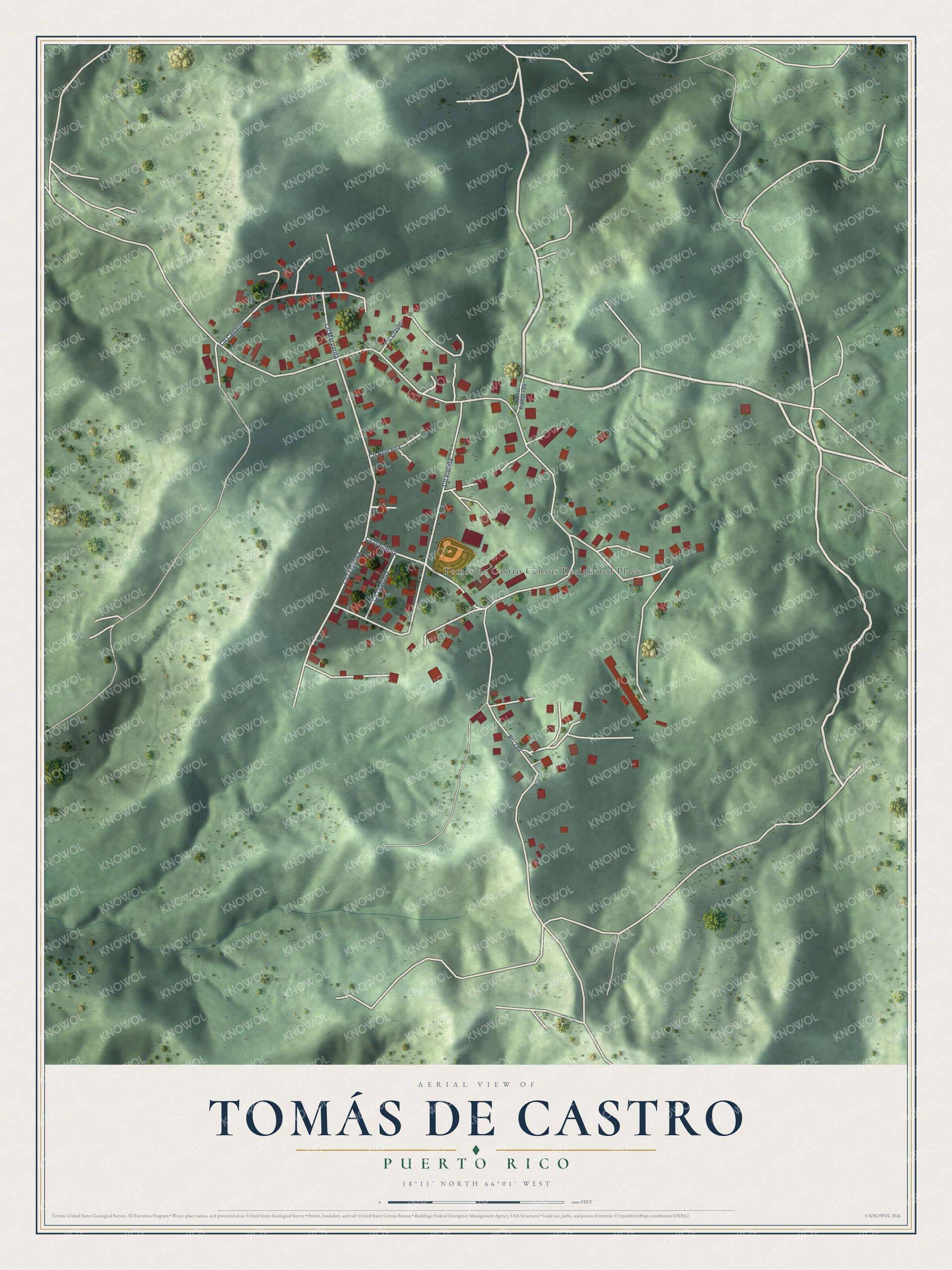 Full map of Tomás de Castro, Puerto Rico, with red buildings, printed street names and the land around them