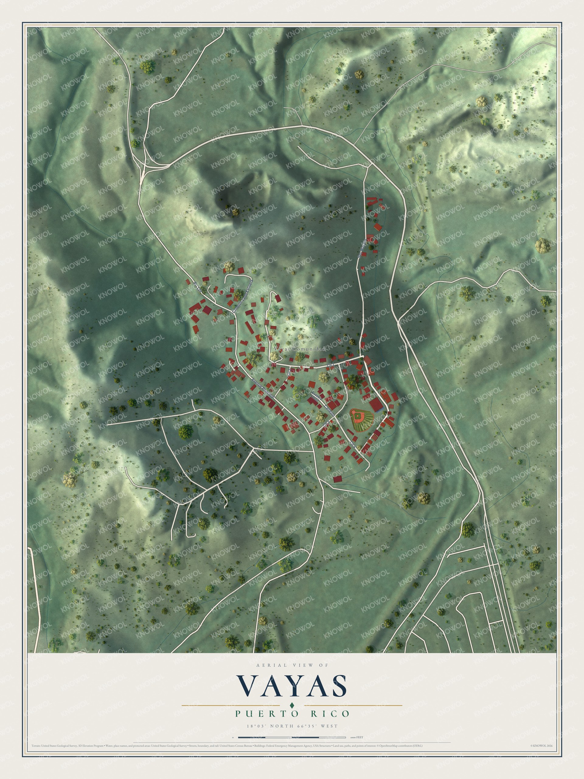 Full map of Vayas, Puerto Rico, with red buildings, printed street names and the land around them