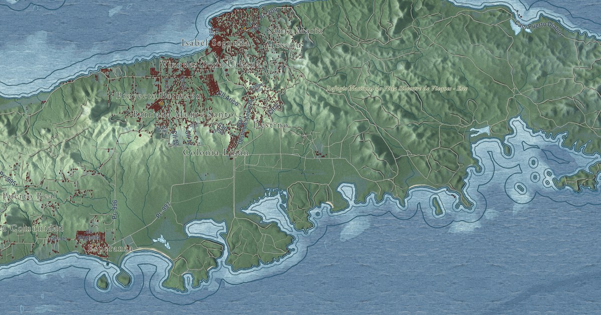 Close view of the most built-up part of Vieques, Puerto Rico, with rows of red buildings along its streets