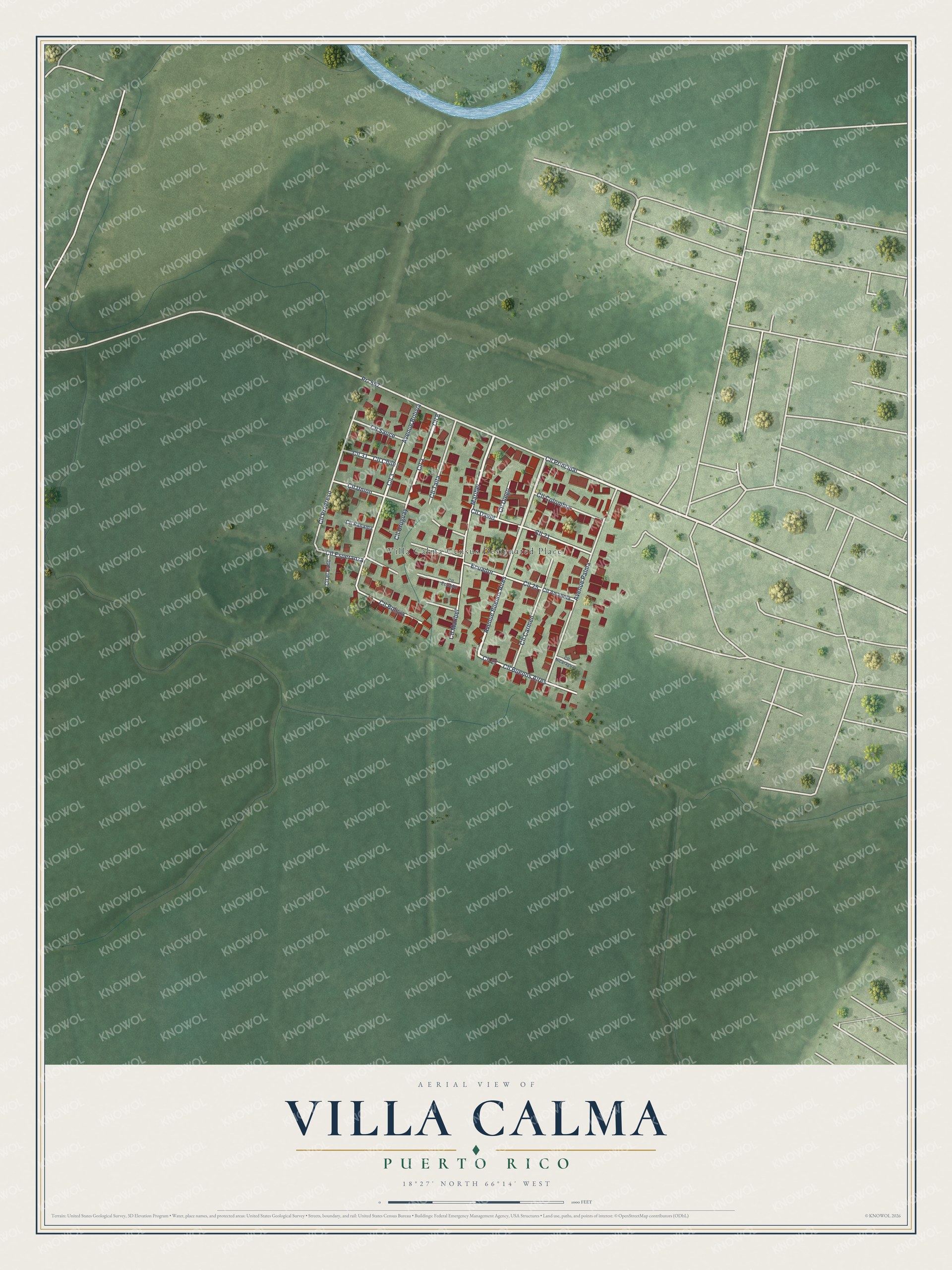 Full map of Villa Calma, Puerto Rico, with red buildings, printed street names and the land around them