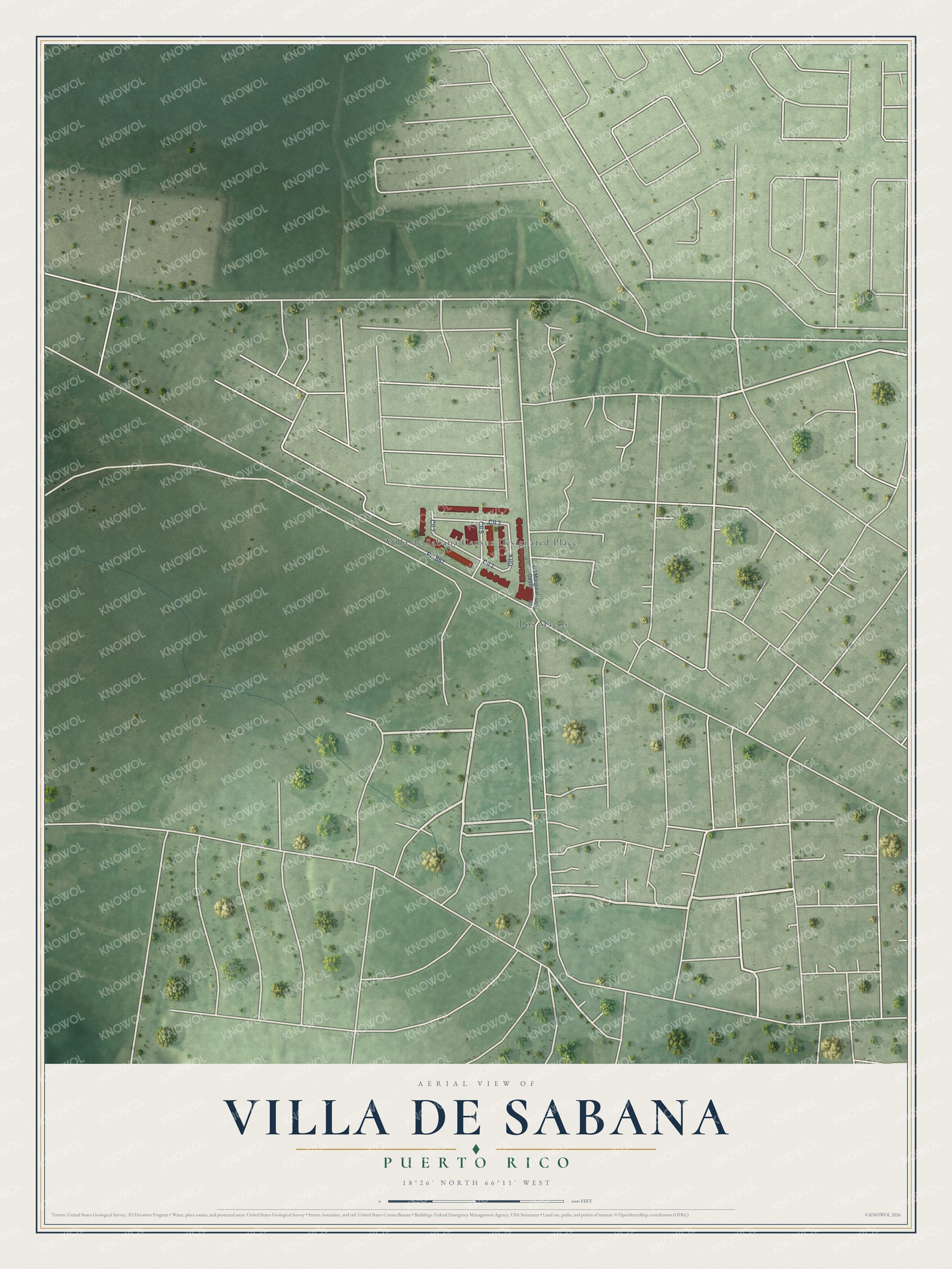 Full map of Villa de Sabana, Puerto Rico, with red buildings, printed street names and the land around them