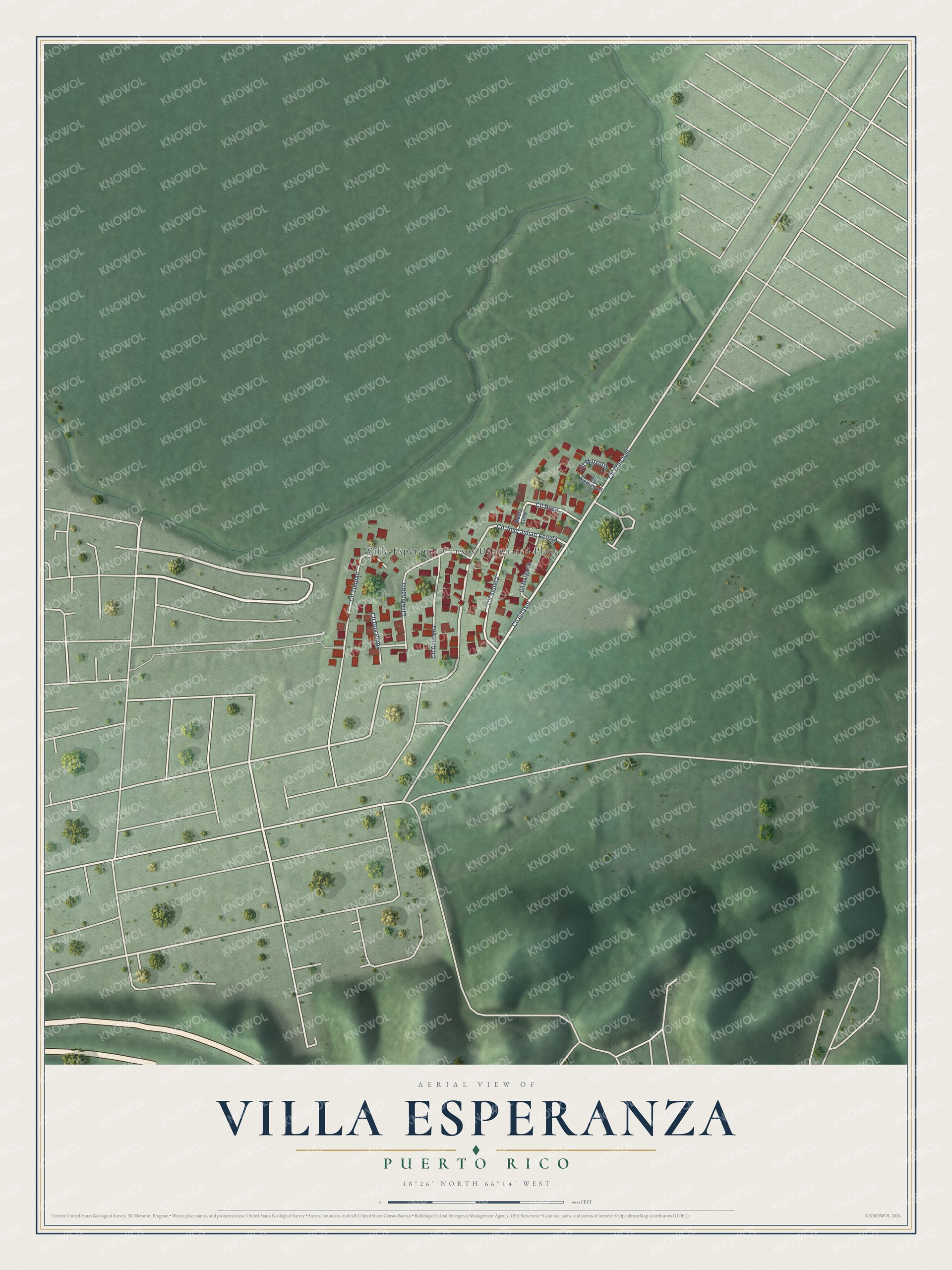Full map of Villa Esperanza, Puerto Rico, with red buildings, printed street names and the land around them