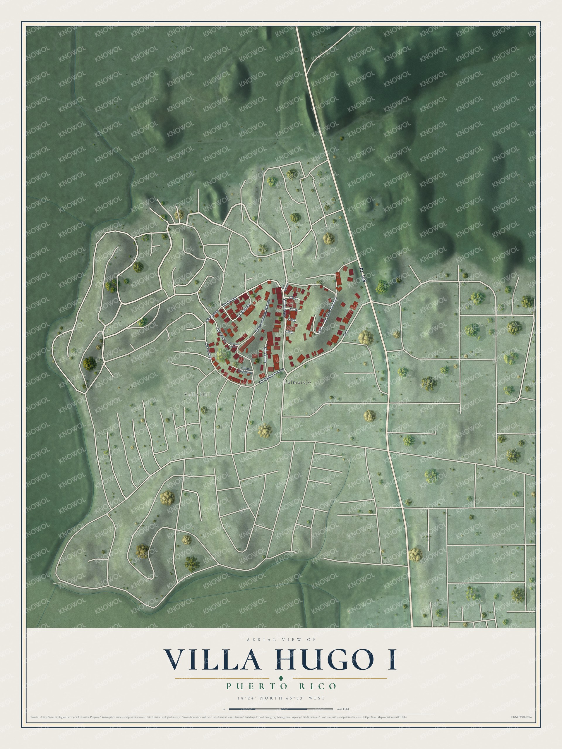 Full map of Villa Hugo I, Puerto Rico, with red buildings, printed street names and the land around them