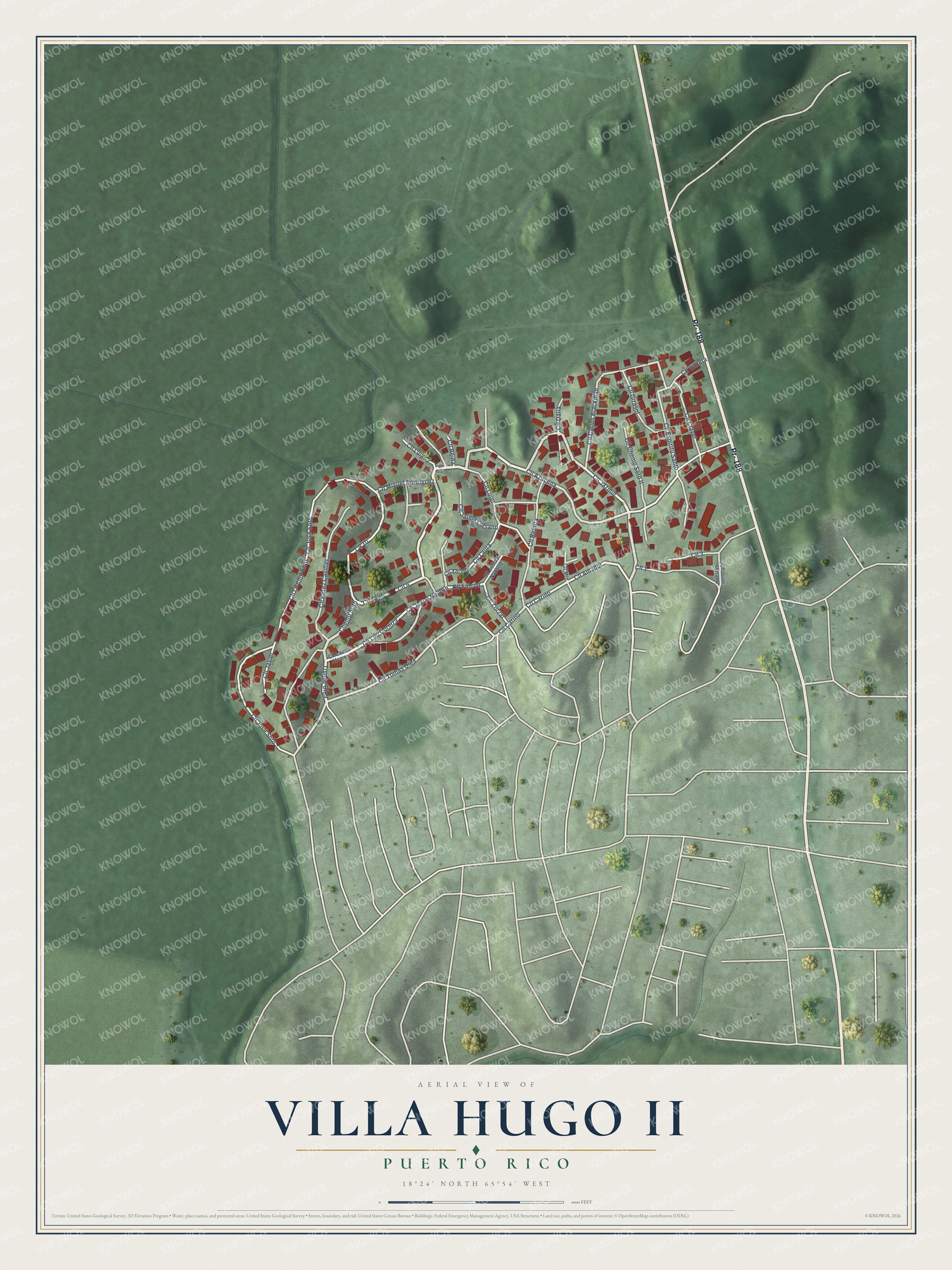 Full map of Villa Hugo II, Puerto Rico, with red buildings, printed street names and the land around them