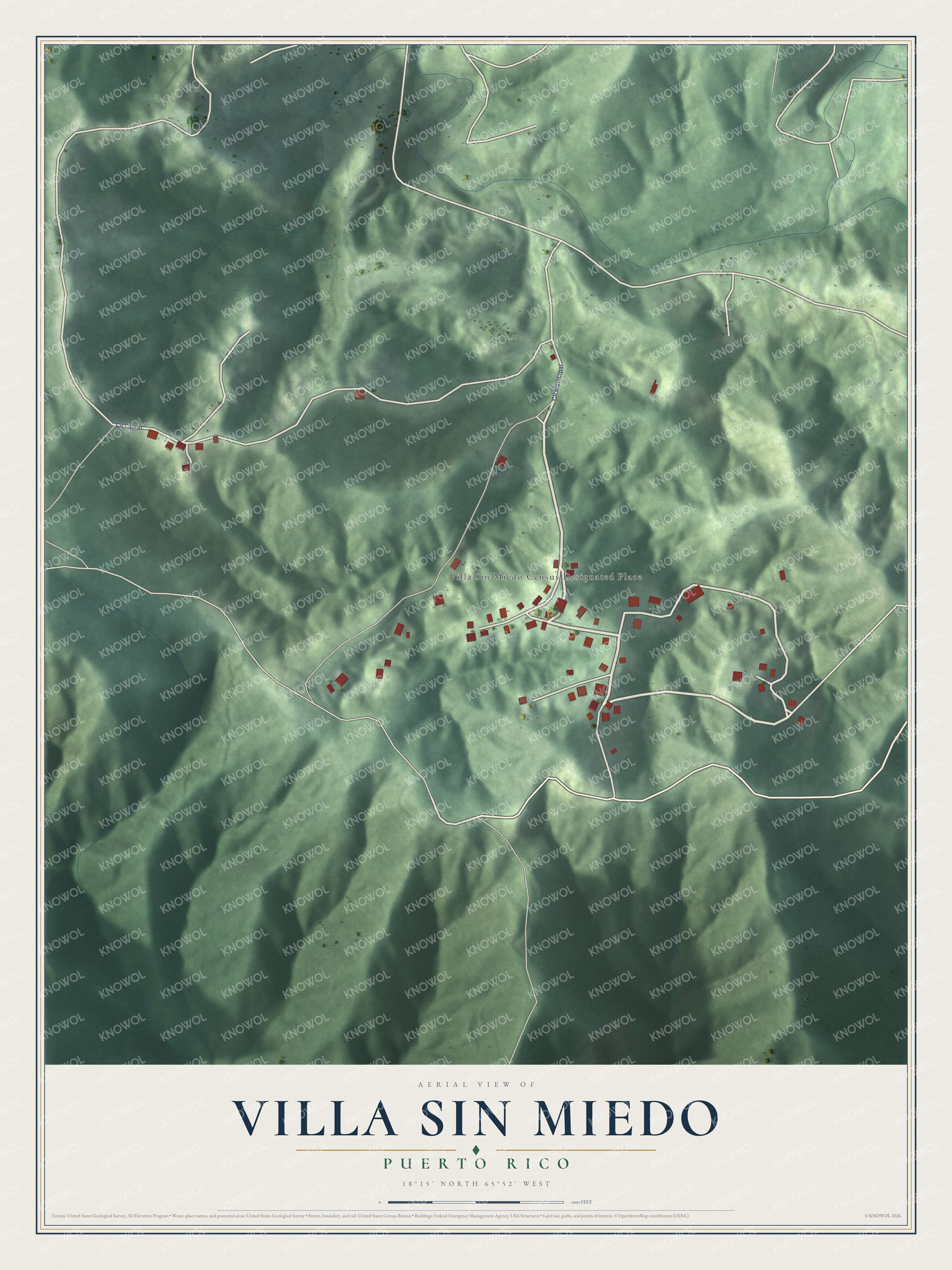 Full map of Villa Sin Miedo, Puerto Rico, with red buildings, printed street names and the land around them