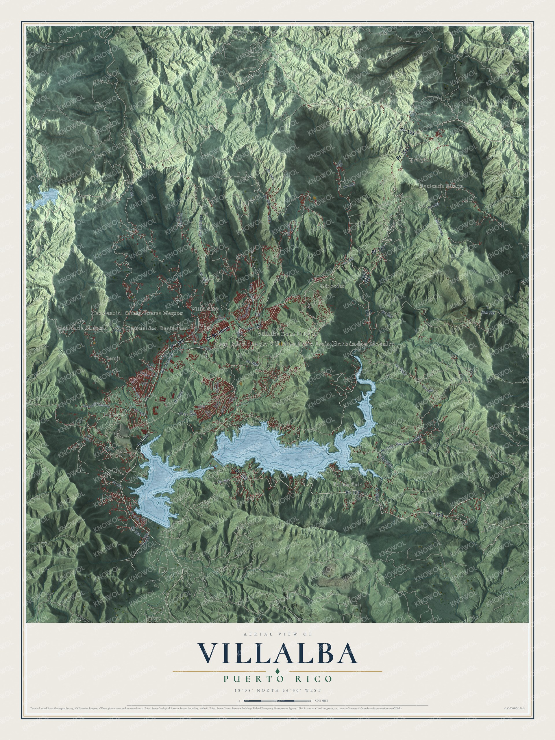 Full map of Villalba, Puerto Rico, with red buildings, printed street names and the land around them