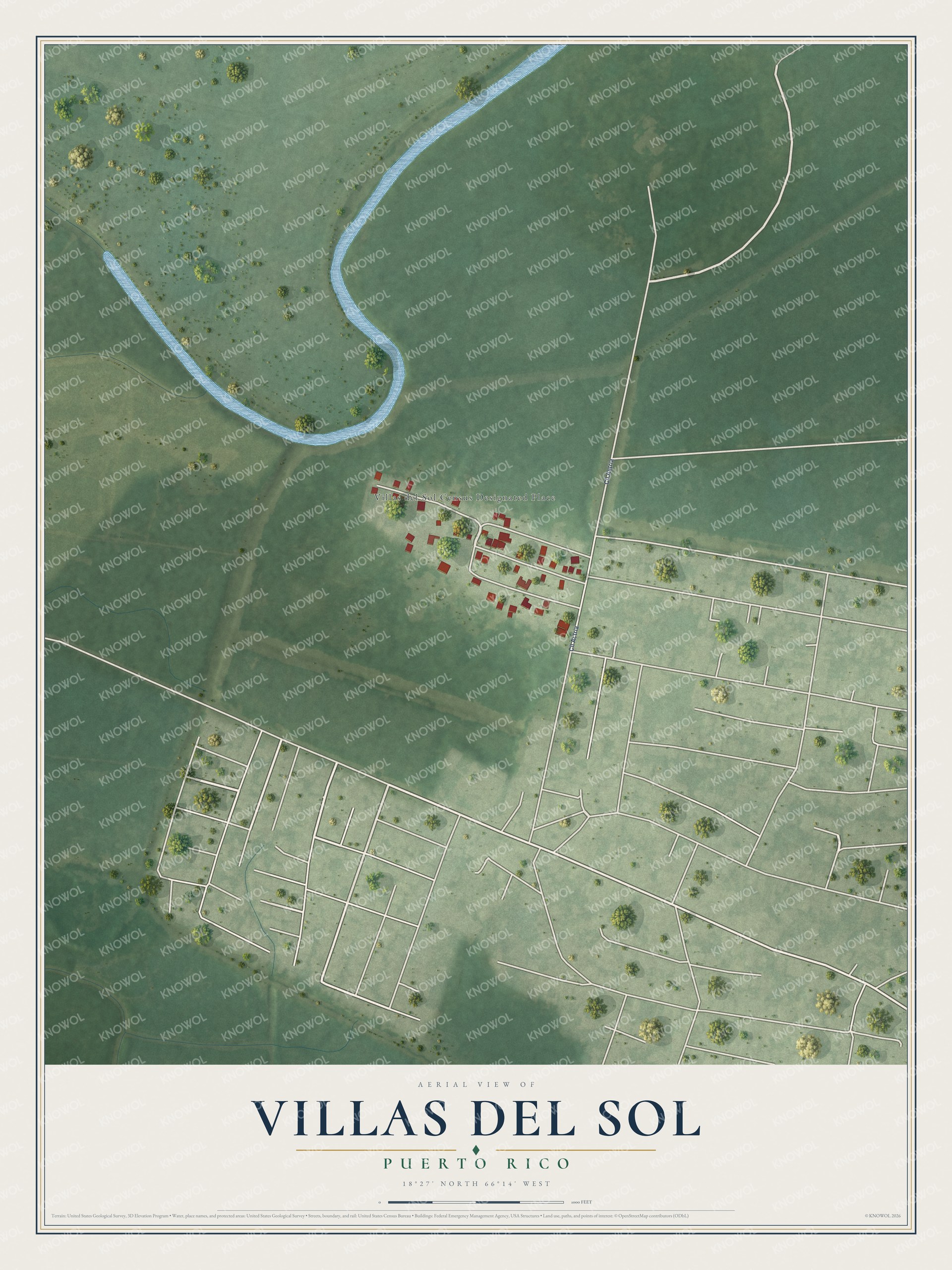 Full map of Villas del Sol, Puerto Rico, with red buildings, printed street names and the land around them