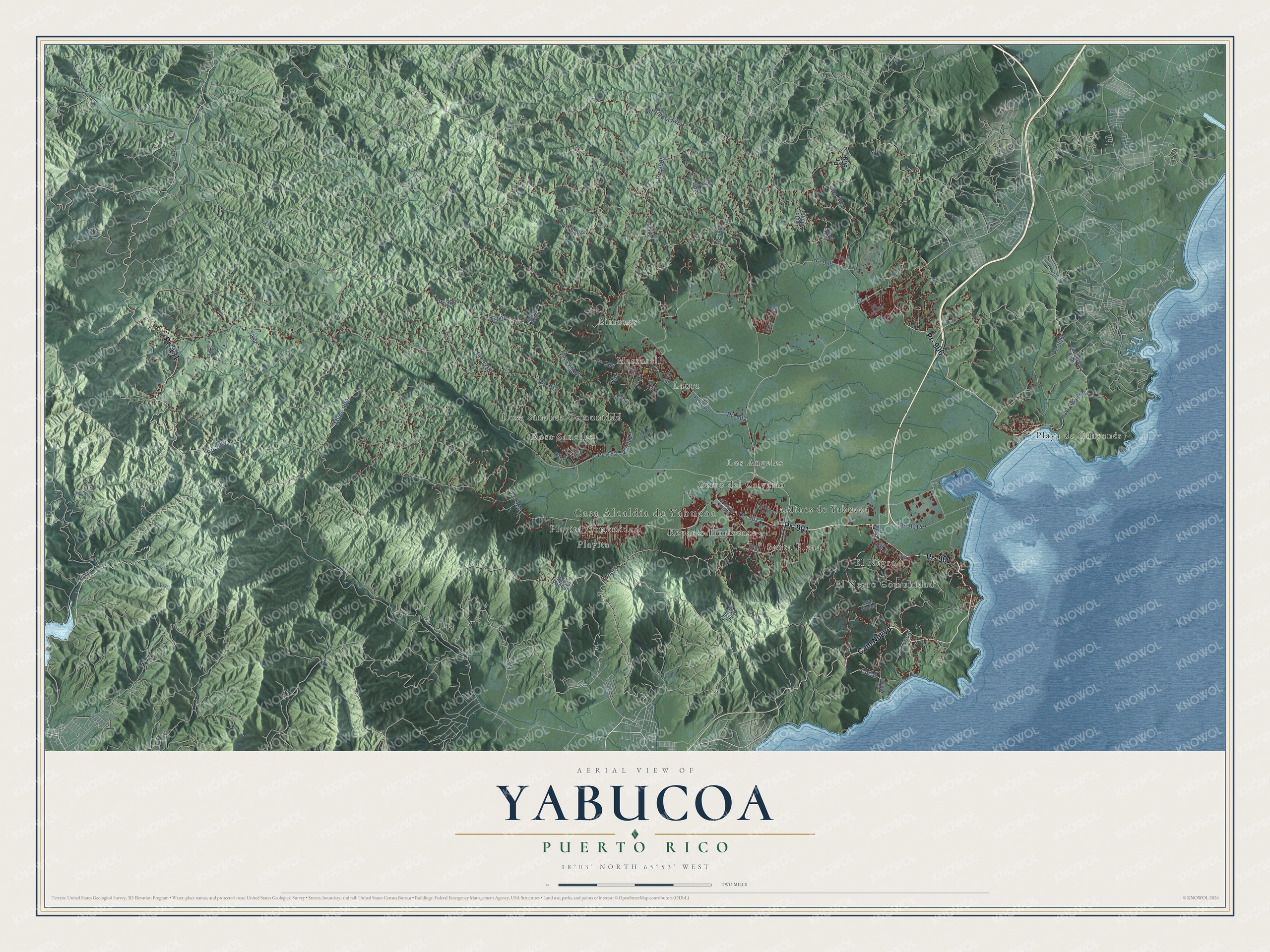 Full map of Yabucoa, Puerto Rico, with red buildings, printed street names and the land around them
