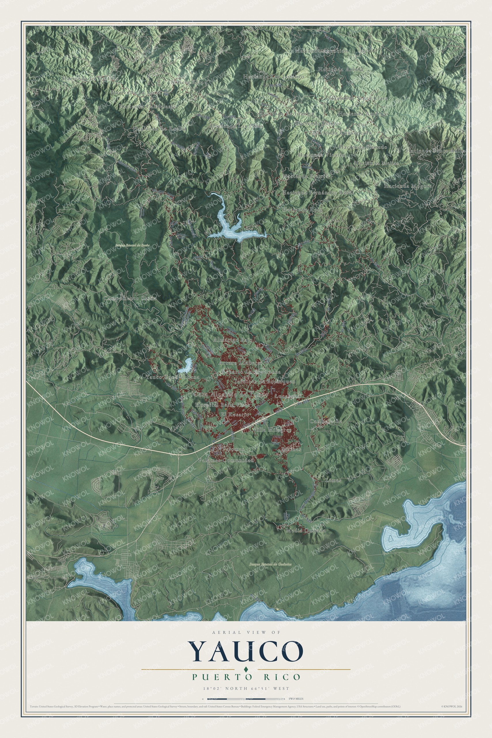 Full map of Yauco, Puerto Rico, with red buildings, printed street names and the land around them