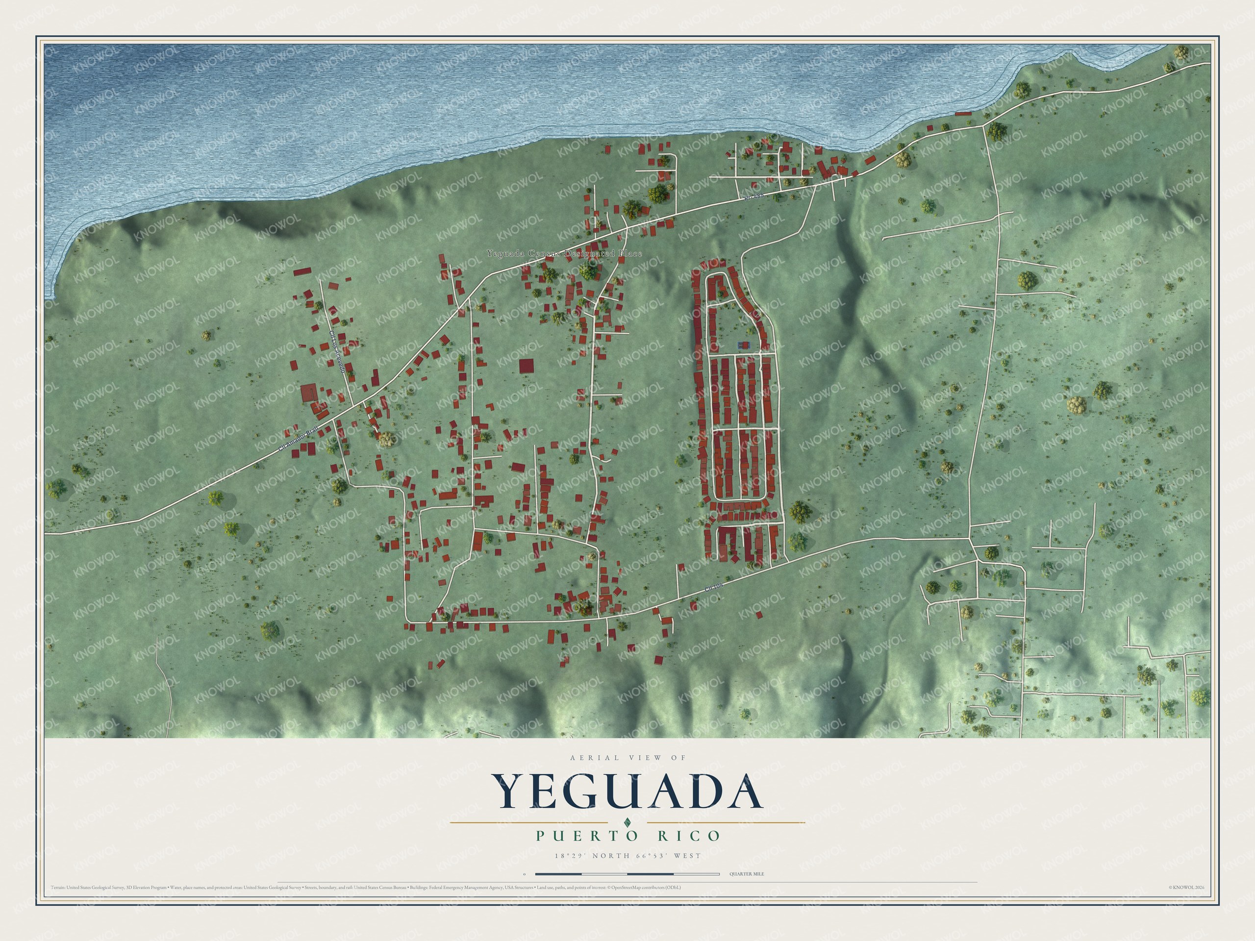 Full map of Yeguada, Puerto Rico, with red buildings, printed street names and the land around them
