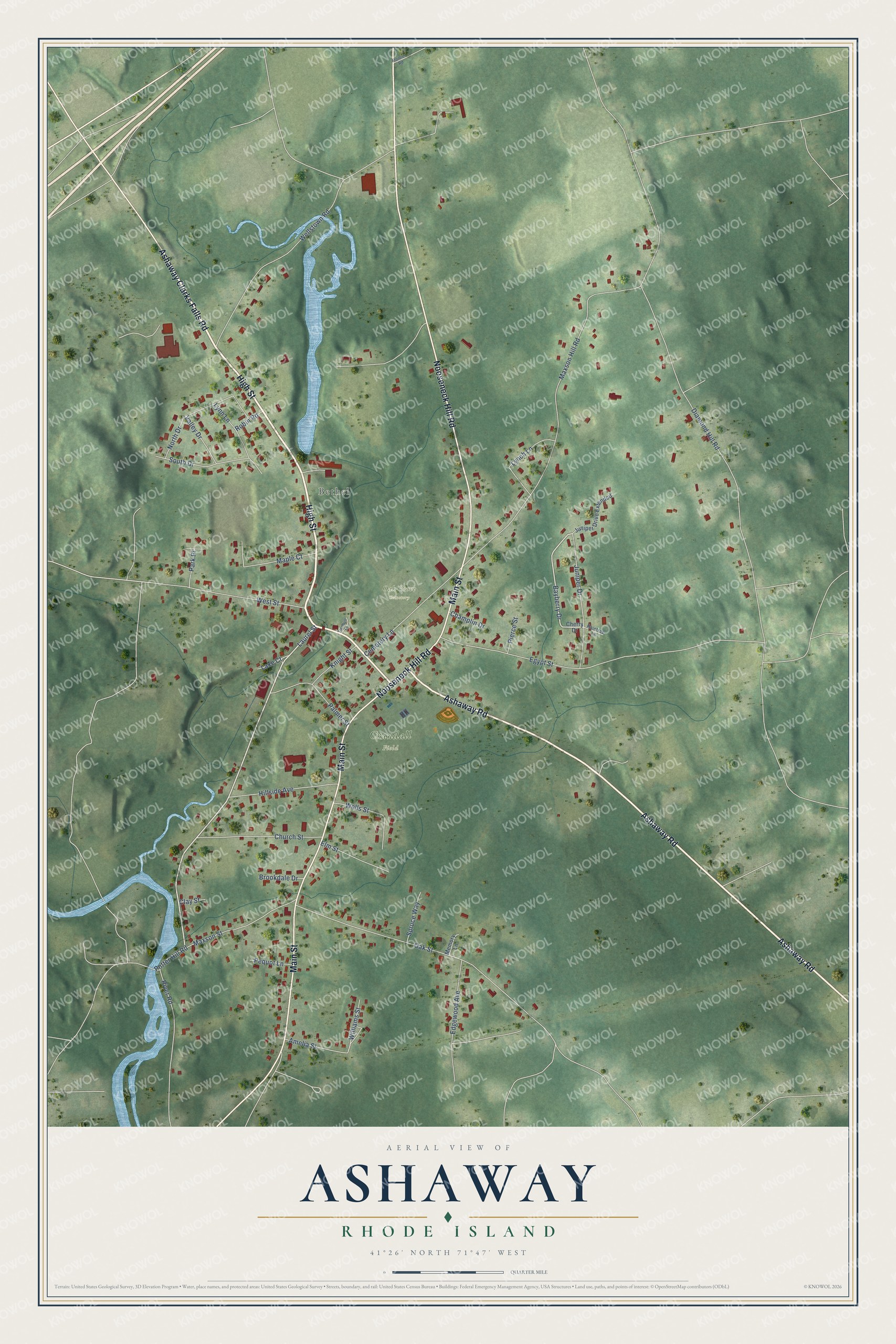 Full map of Ashaway, Rhode Island, with red buildings, printed street names and the land around them