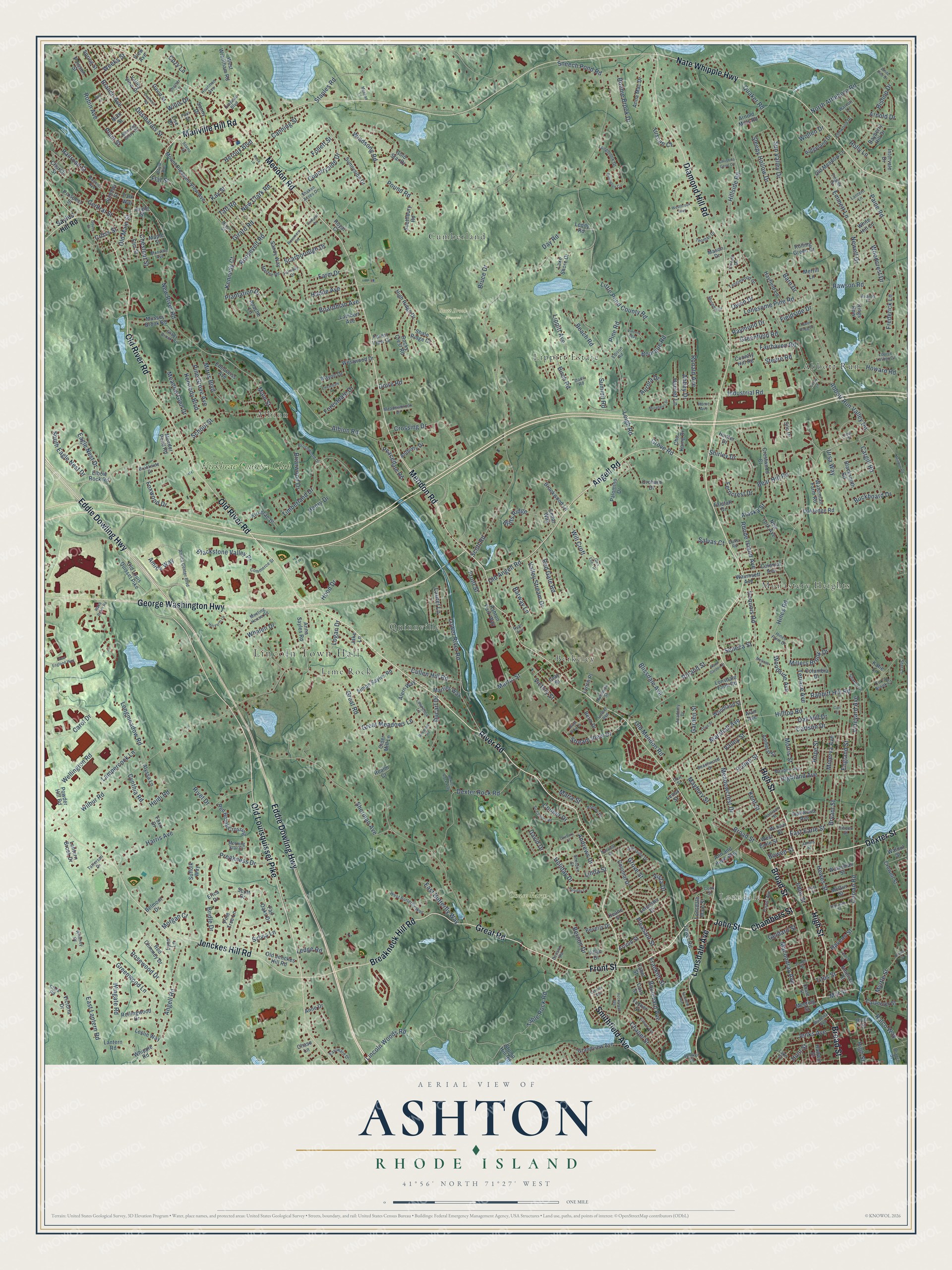 Full map of Ashton, Rhode Island, with red buildings, printed street names and the land around them