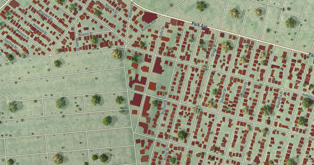 Close-up of streets and buildings in Auburn, Rhode Island