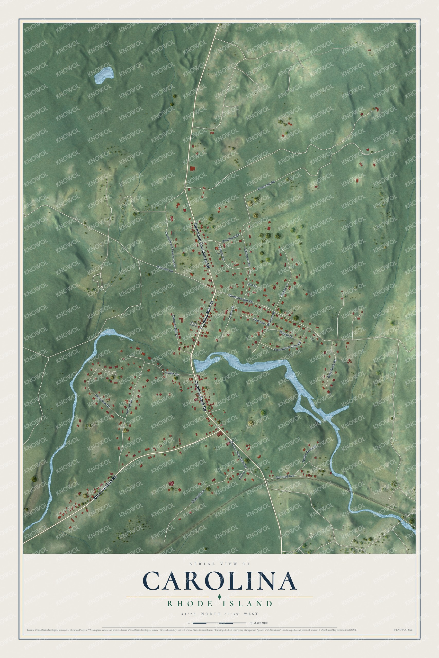 Full map of Carolina, Rhode Island, with red buildings, printed street names and the land around them